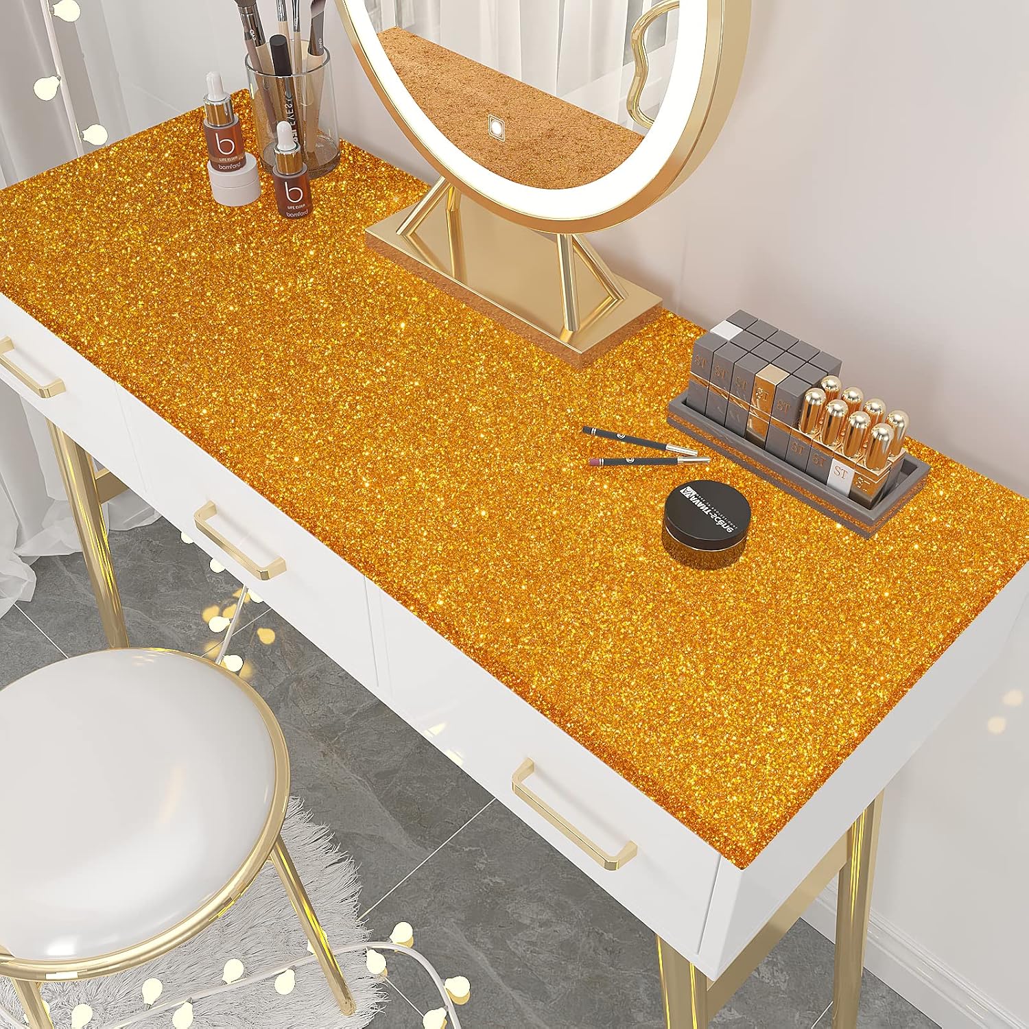 VEELIKE Coppery Gold Glitter Wallpaper Stick and Peel Sparkle Gold Wallpaper 15.7''x118'' Glitter Contact Paper Self Adhesive Removable Glitter Fabric Wall Paper Roll for Bedroom Walls Cabinets Desk