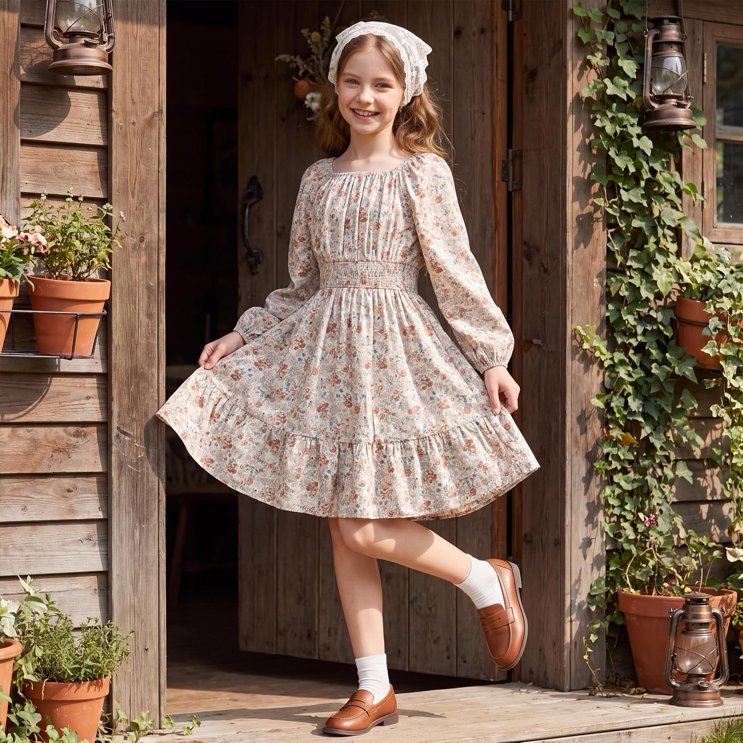 GRACE KARIN Girls Fall Dress Floral Long Sleeve Midi Smocked Waist Holiday