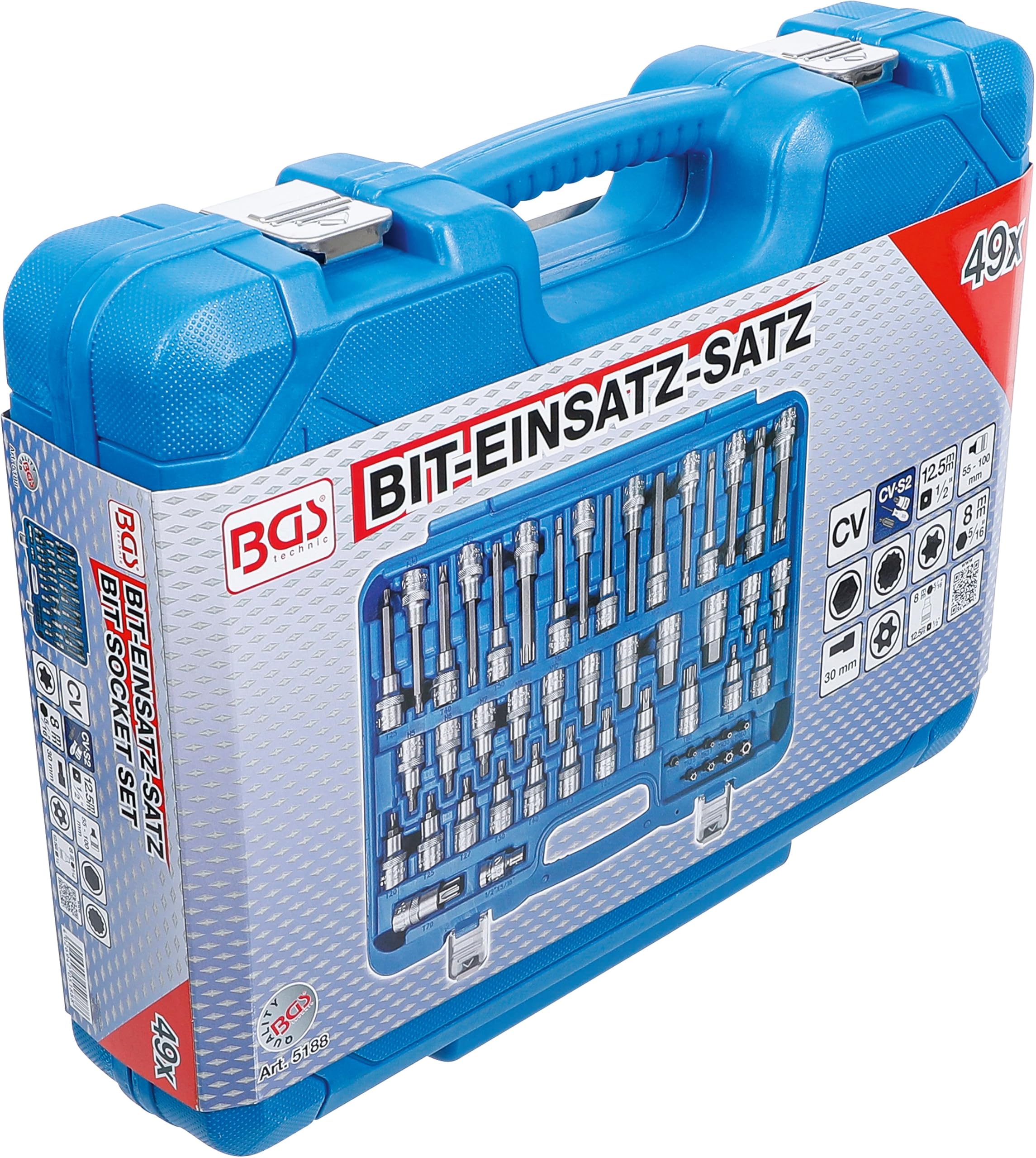 BGS 5188 | Bit-Einsatz-Satz | Antrieb Innenvierkant 12,5 mm (1/2") | 49-tlg | Bit-Einsätze und Bits | Antrieb Außensechskant 8 mm (5/16") | T-Profil (für Torx) mit Bohrung | Chrom-Vanadium-Stahl