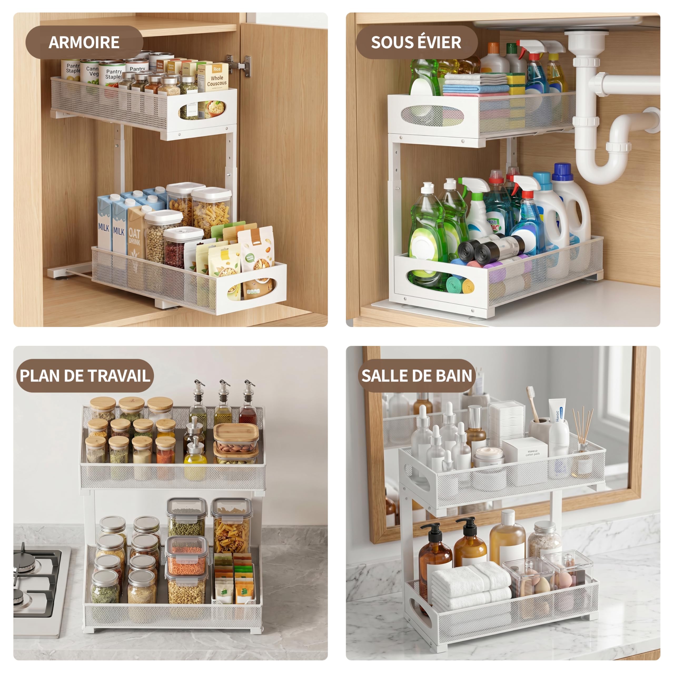 Organizador de cocina con cajones extraíbles, cuarto de baño, almacenamiento deslizante bajo fregadero, regulable en altura (blanco)