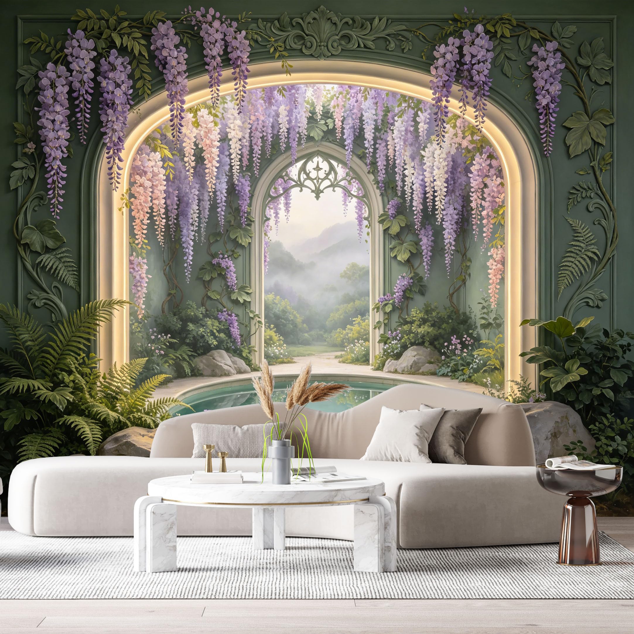 Custom Size Wall Mural Wisteria Archway Pond Landscape 3D Trompe L'Oeil SelfAdhesiveWall Fabric Removable Wallpaper Wall Decor for Living Room Bedroom Bathroom