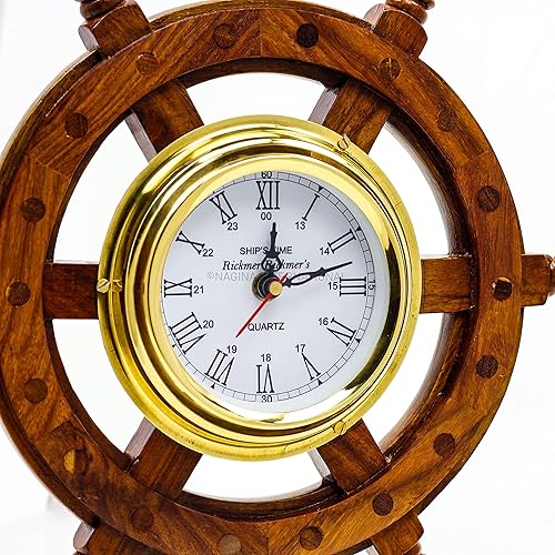 Miniatura 3 de Nagina International, Deluxe Class - Reloj de rueda de barco de madera y latón de 12" - Decoración náutica para el hogar