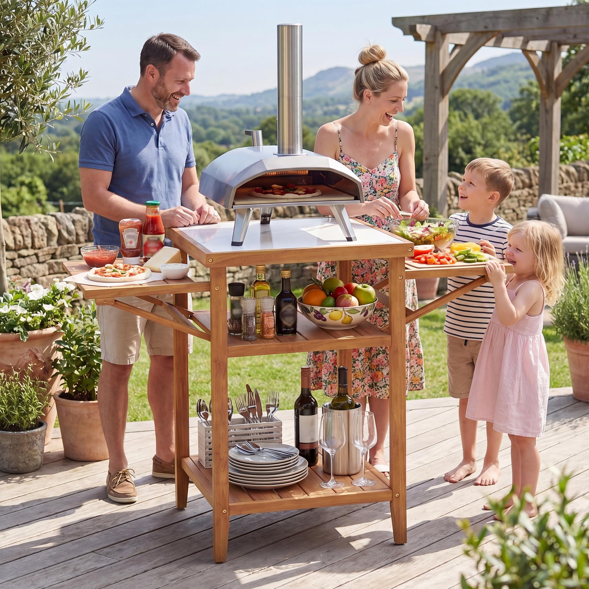 GOPLUS Table de Barbecue Extérieure en Bois d'Acacia, Desserte Plancha avec Dessus en Résine Faux Marbre, 2 Plateaux Rabattables, 2 Étagères Ouvertes, pour Jardin, Terrasse, 124,5 x 60 x 89,5 cm