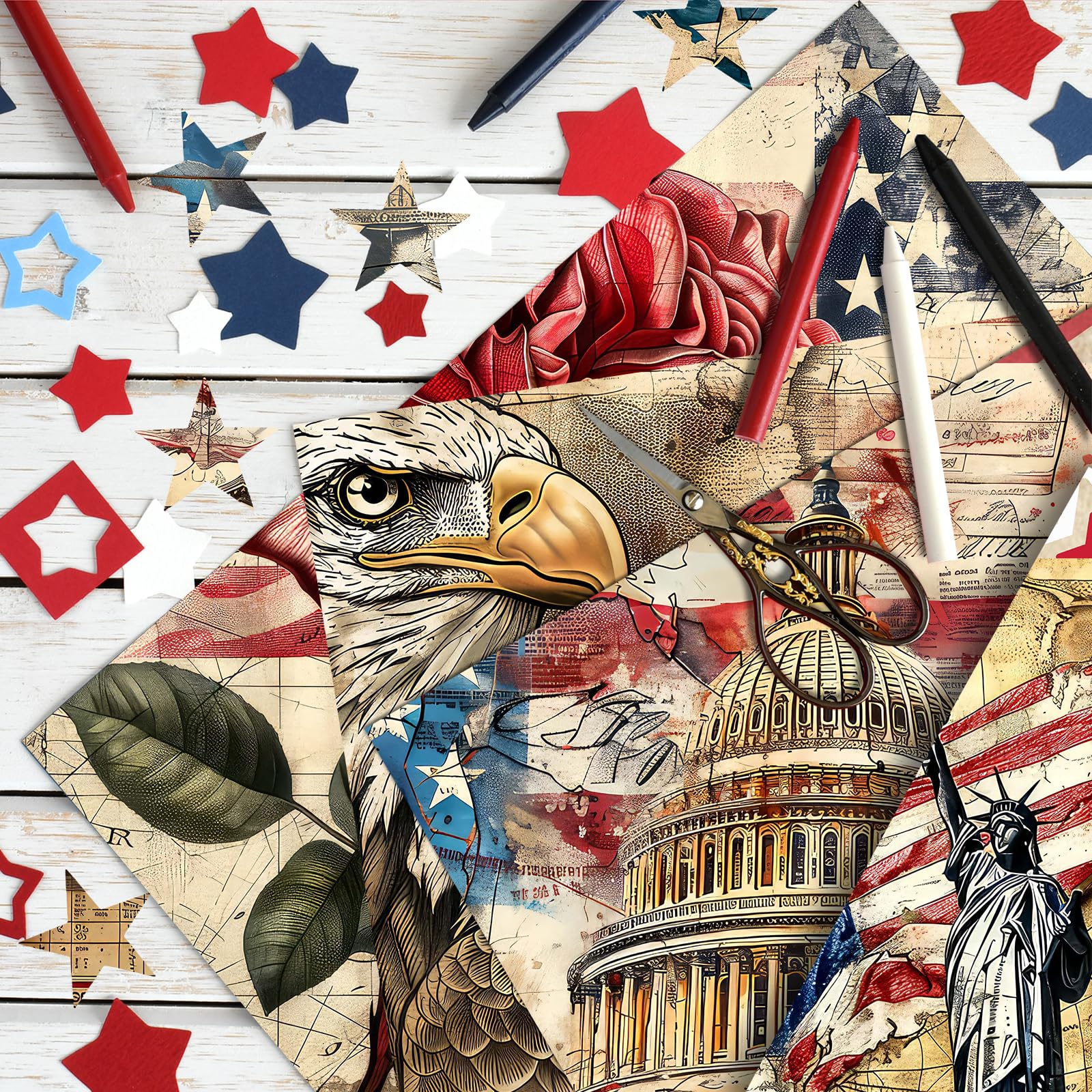 Zestaw 24 arkuszy papieru w stylu retro, patriotyczny, do scrapbookingu, 30 x 30 cm, czerwone i niebieskie gwiazdki, papier rzemieślniczy, składany na płasko, do tworzenia kart, scrapbookingu