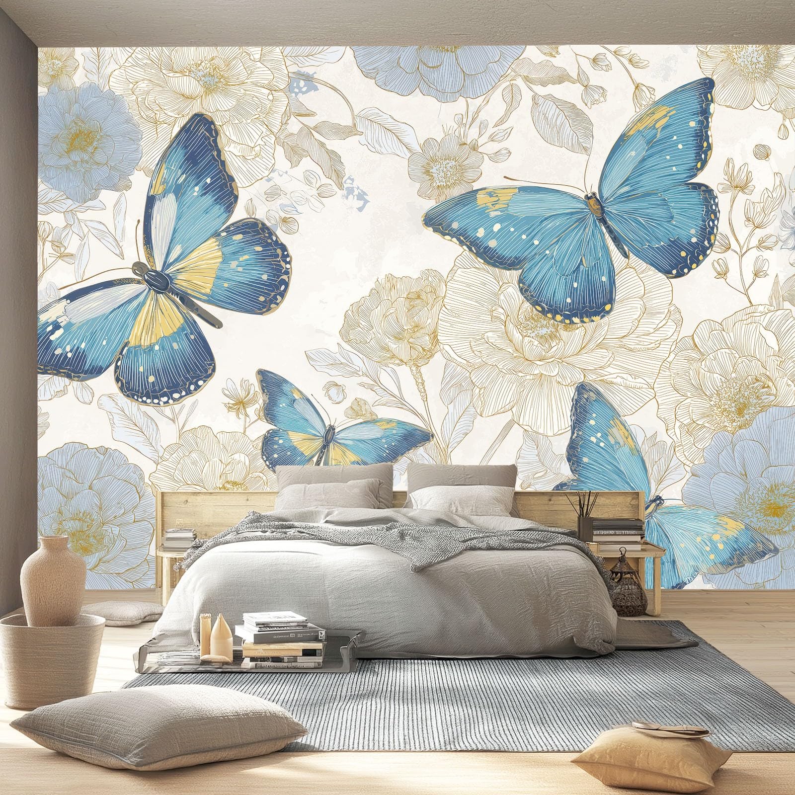 Tapeta panoramiczna 400 x 280 cm, retro motyl kwiaty tapeta z motywem do zabaw i żłobka, niebieska