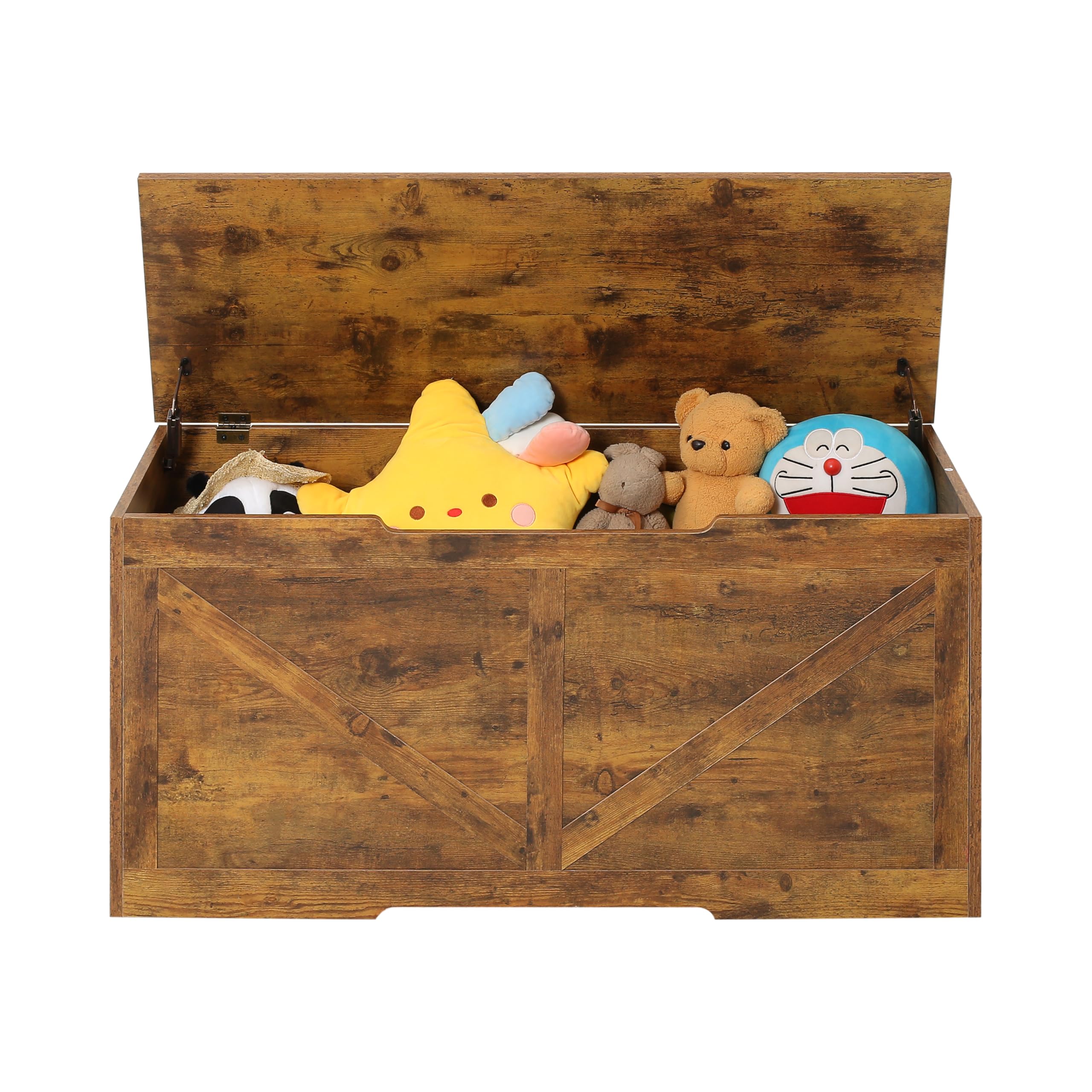 Duffy Rustic Brown Wooden Toy Box Kids Bench And Storage Chest With Flip Top Lid, 2 Safety Hinges & Handles, Farmhouse Style Organizer For Toys, Clothes, Books (Rustic Brown)