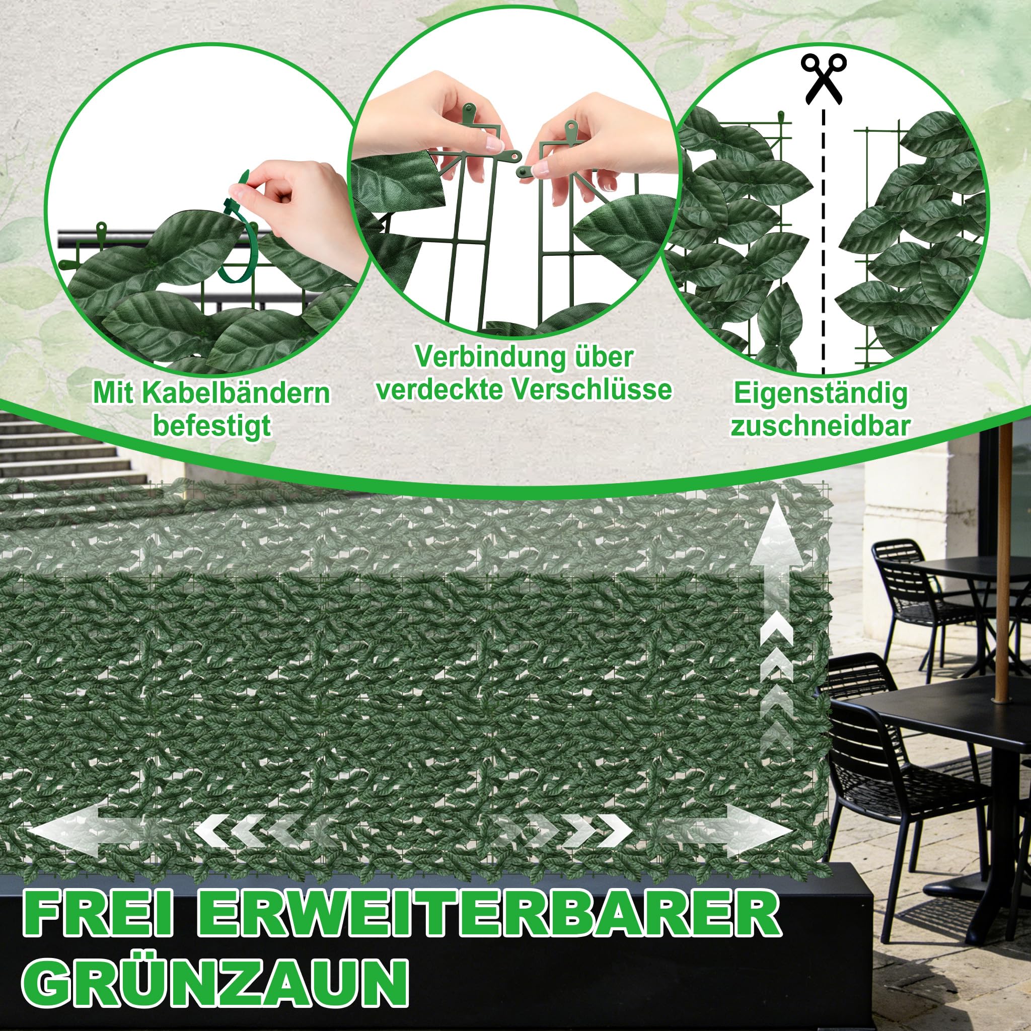 Aufun Künstliche Efeu Garten Sichtschutz mit Kabelbinder 100x1500cm | UV-Beständig Balkonsichtschutz Garten, Hecken Paneele Rolle Pflanzen Hängend Girlande für Gartenhecken Balkon Außendekoration