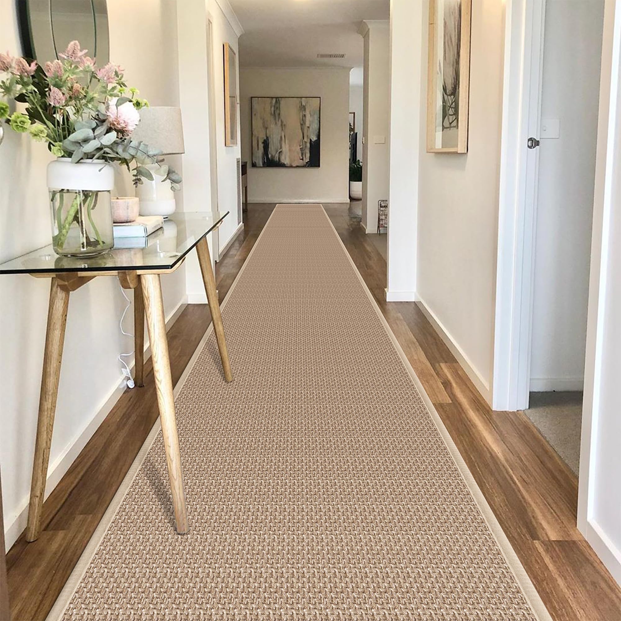 Photo 1 of 19ft Jute Hallway Rug Runner Non Slip, Rubber Backed Long Laundry Floor Runner Mat for Bedroom Entryway Backyard, Khaki