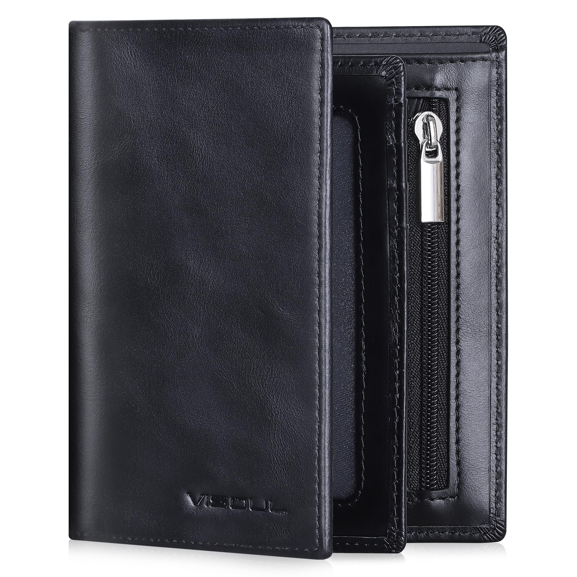 VISOUL Cartera de Piel Auténtica para Hombre con Protección RFID, Billetera Bifold Vertical de Piel, Monedero Cuero con Cremallera, 11 Ranuras para Tarjetas y 1 Compartimento para Billetes-Negro