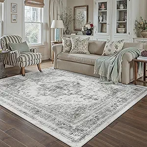 Area Rug 5x7 Washable Gray Rug Vintage Boho Medallion Large Grey Distressed Retro Carpet for Living Room Non Slip Indoor Low Pile Small Soft Bedroom Dining Room Home Office