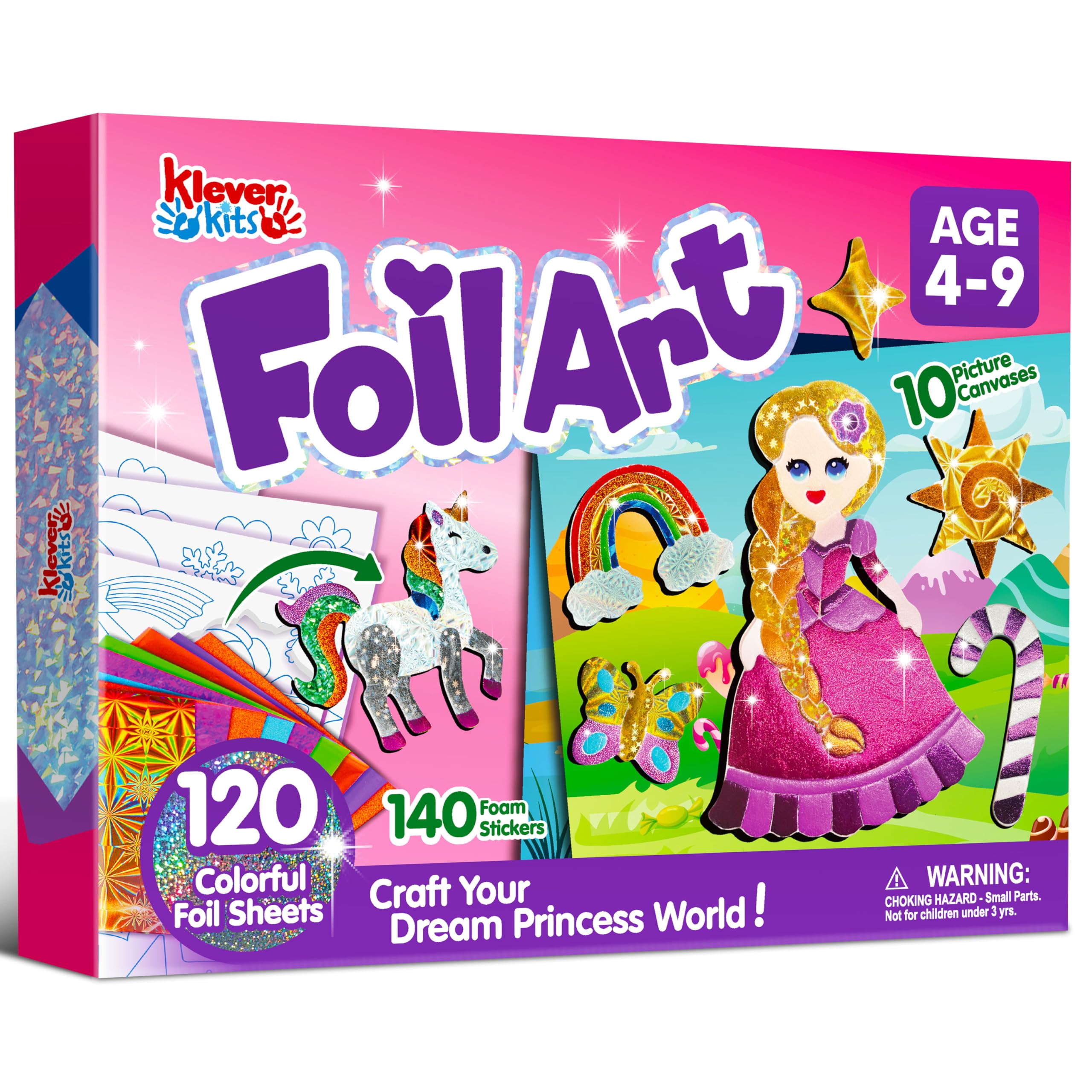 Klever Kits Princess Foil Art Kit for Kids - Arts & Crafts Supplies, Mess Free Coloring, Foil Foam Stickers, Creative Travel Toys, Birthday Gifts for