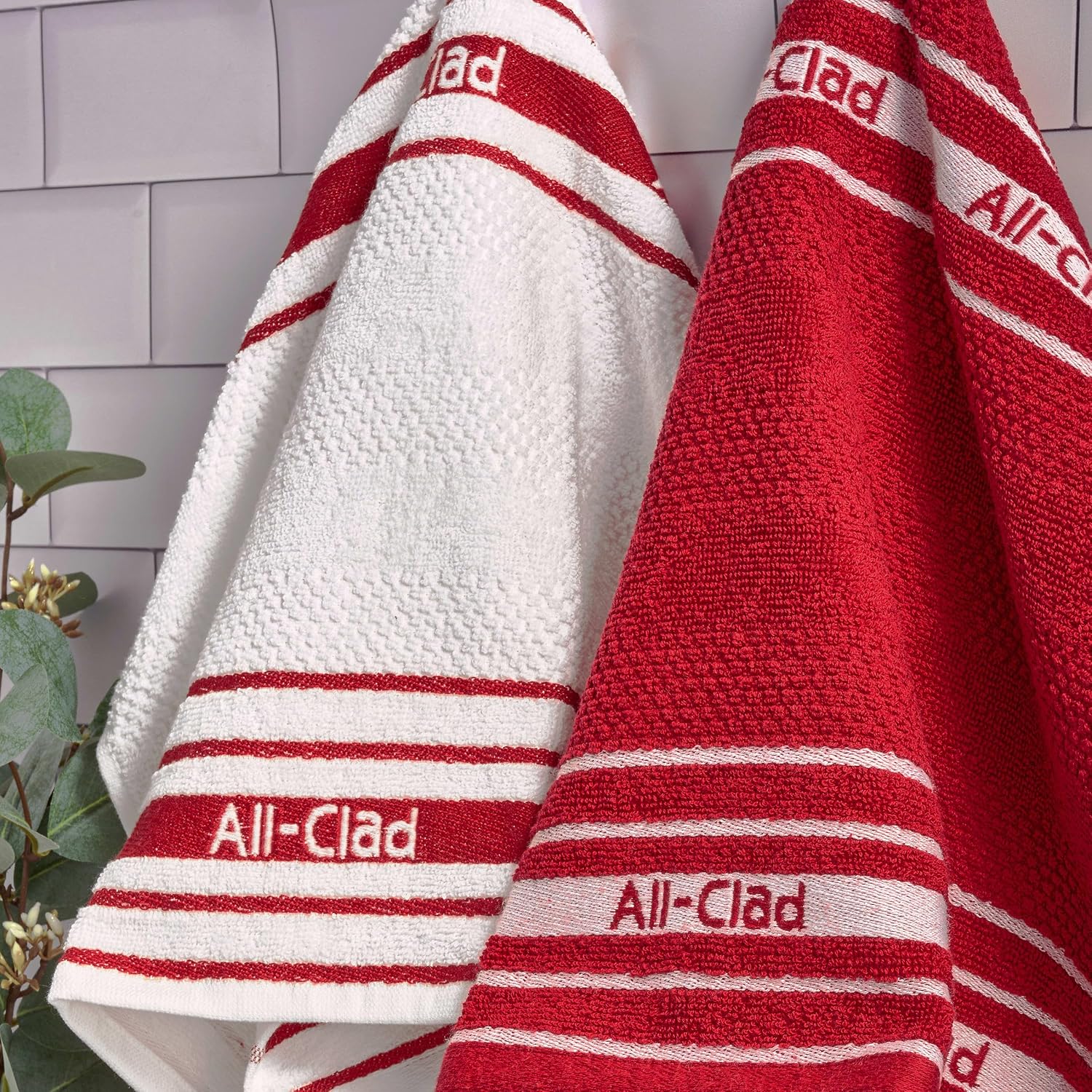 All-Clad Kitchen Towels 4-Pack, Popcorn Texture Cotton Blend Dish Towels, Highly Absorbent & Durable, Banded Stripe Design with Logo, 17x28 Inches, Chili