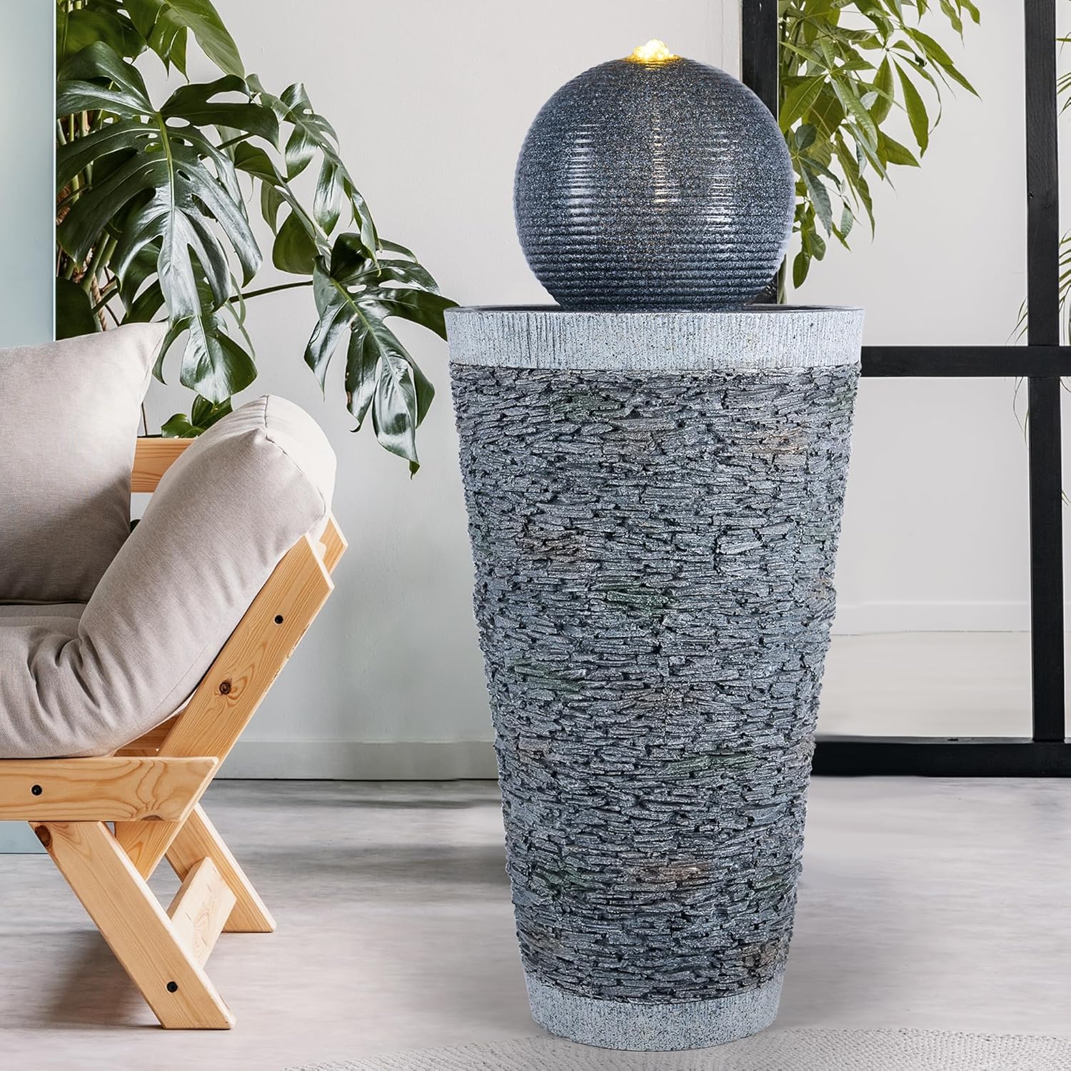 HPC Decor Modern Outdoor Sphere Fountain with LED Lighting - 28 Inch Freestanding Water Feature for Patio, Garden, Backyard, Porch, Deck - Relaxing Home Décor Art for Outdoor Spaces