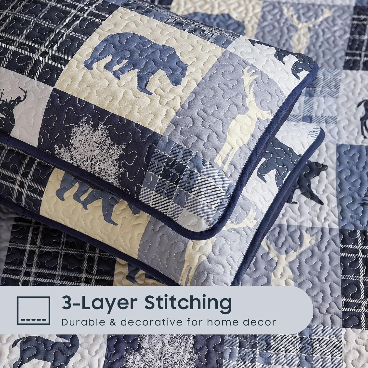 Wake In Cloud - Rustic Quilt Set, Cabin Lodge Christmas Bear Moose Deer Wildlife Western Patchwork Country, Reversible Lightweight Bedspread Coverlet, 3 Pieces, Blue Beige, Queen/Full Size