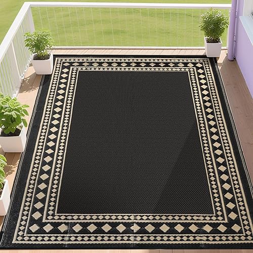 RURALITY Tapetes de exterior 5 x 8 pies, impermeables, hechos de paja de plástico, para patio, porche, terraza, balcón, color negro y beige