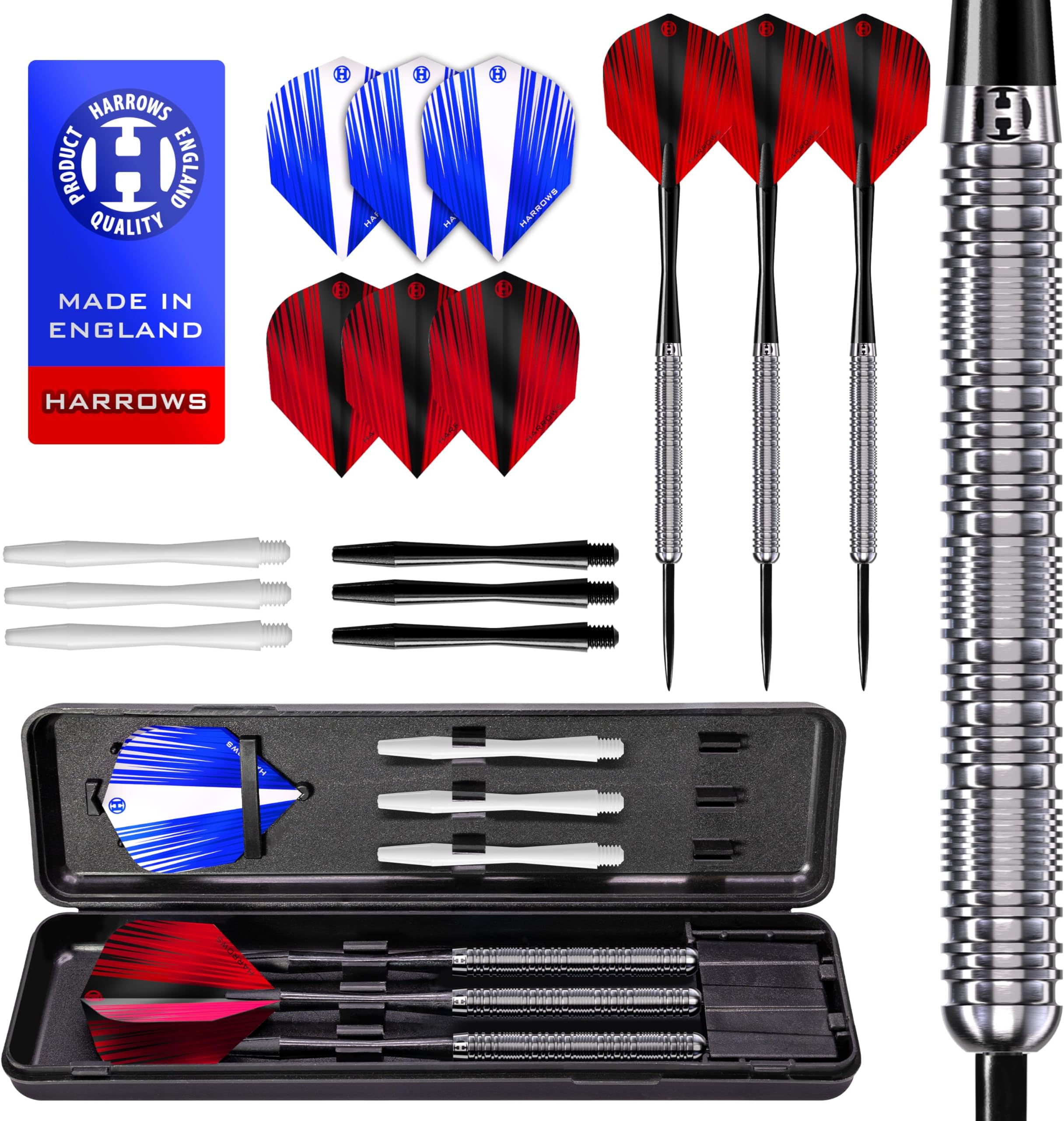 Harrows Caliber 90% Tungsten Steel Tip Darts Set I 21g to 30g All Weights Available I Huge 16pcs Bundle with Spare Shafts, Prime Flights & Travel Case