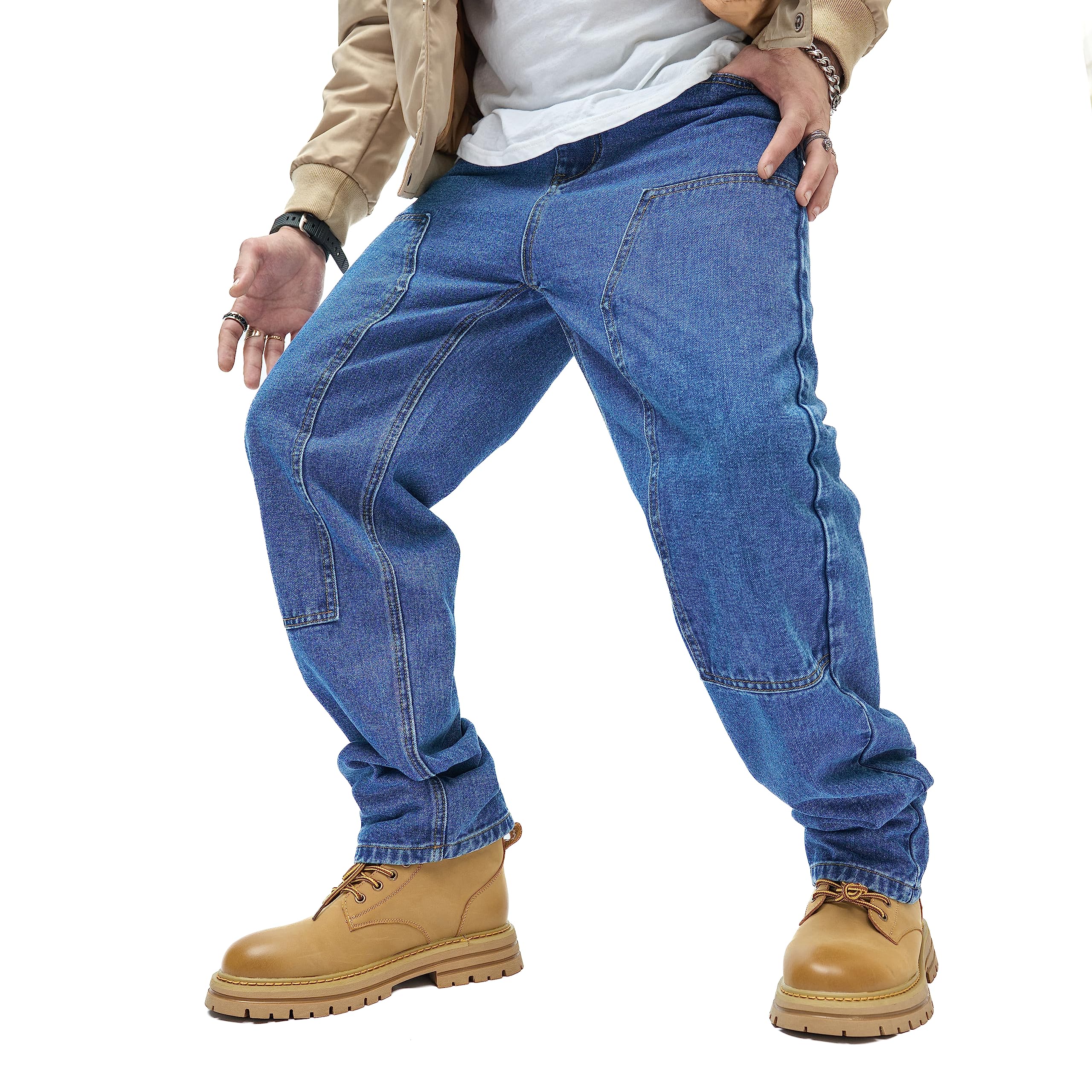 WEIBUMAOYI Pantaloni larghi da uomo, vestibilità comoda, jeans da falegname a gamba dritta lavati oversize, Blu scuro 001, 46
