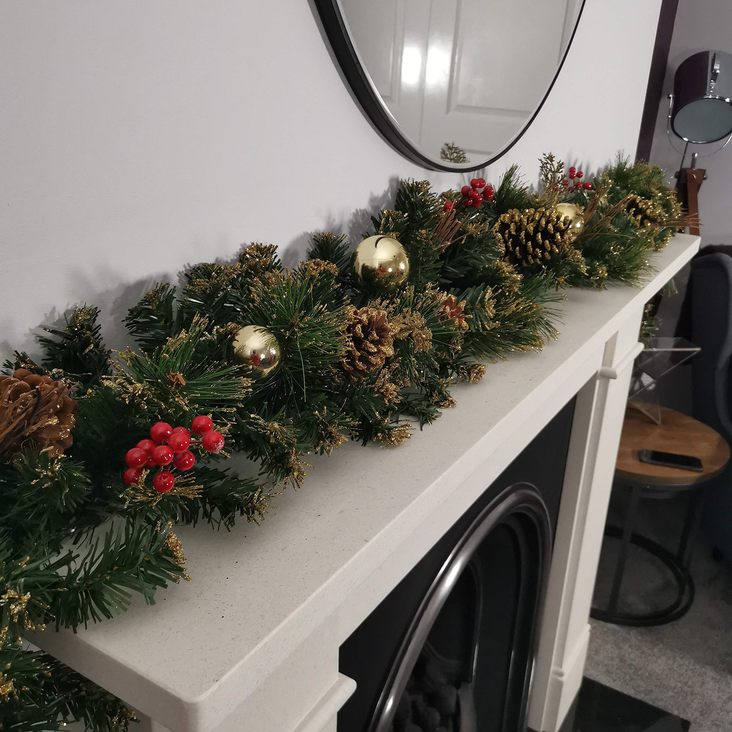 Premier 180cm (6ft) Gold Dressed Christmas Garland With Berries Pinescones And Gold Baubles