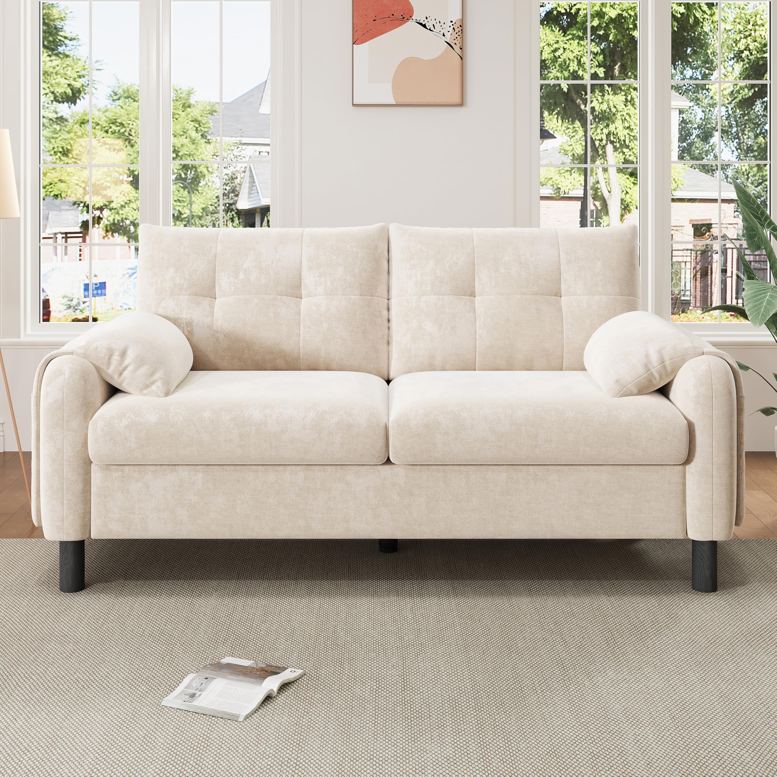 Sofá moderno de 2 plazas tapizado de tela de chenilla con cojines gruesos, sofá para salón, dormitorio, apartamento pequeño, tapizado en color beige