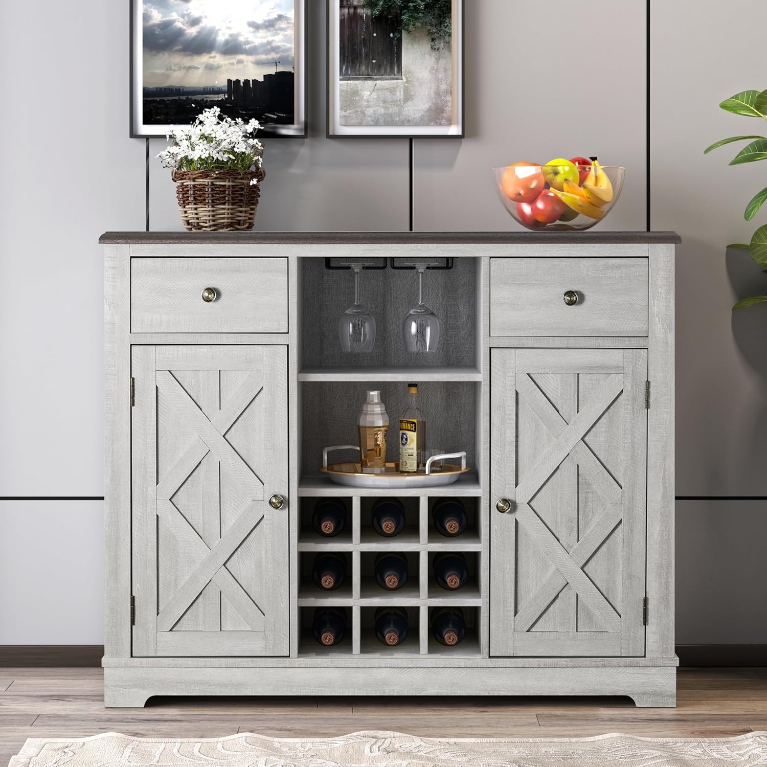 FESTIVITY 42 Inch Wine Cabinet with Two Doors & Drawers, Open Glass & Wine Rack, Smooth Countertop, Storage Shelves Kitchen Coffee Bar Buffet Sideboard Cabinet for Dining Room (Off-White)