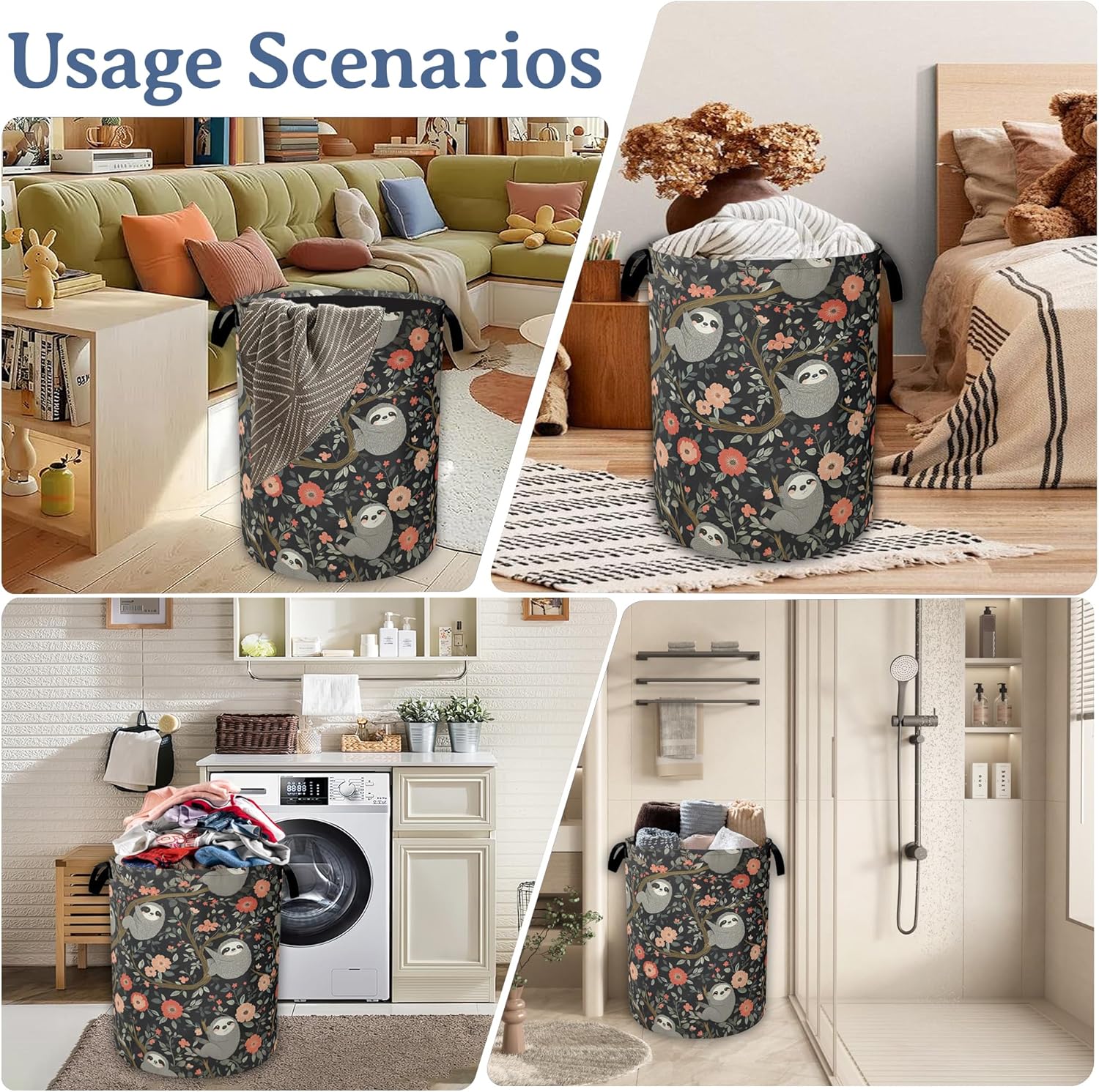 Cute Sloth Laundry Basket,Oxford Cloth Flower Laundry Hamper With Handle Foldable Portable Clothes Storage Basket for Laundry Room/Bedroom/Bathroom 20.8"x16"