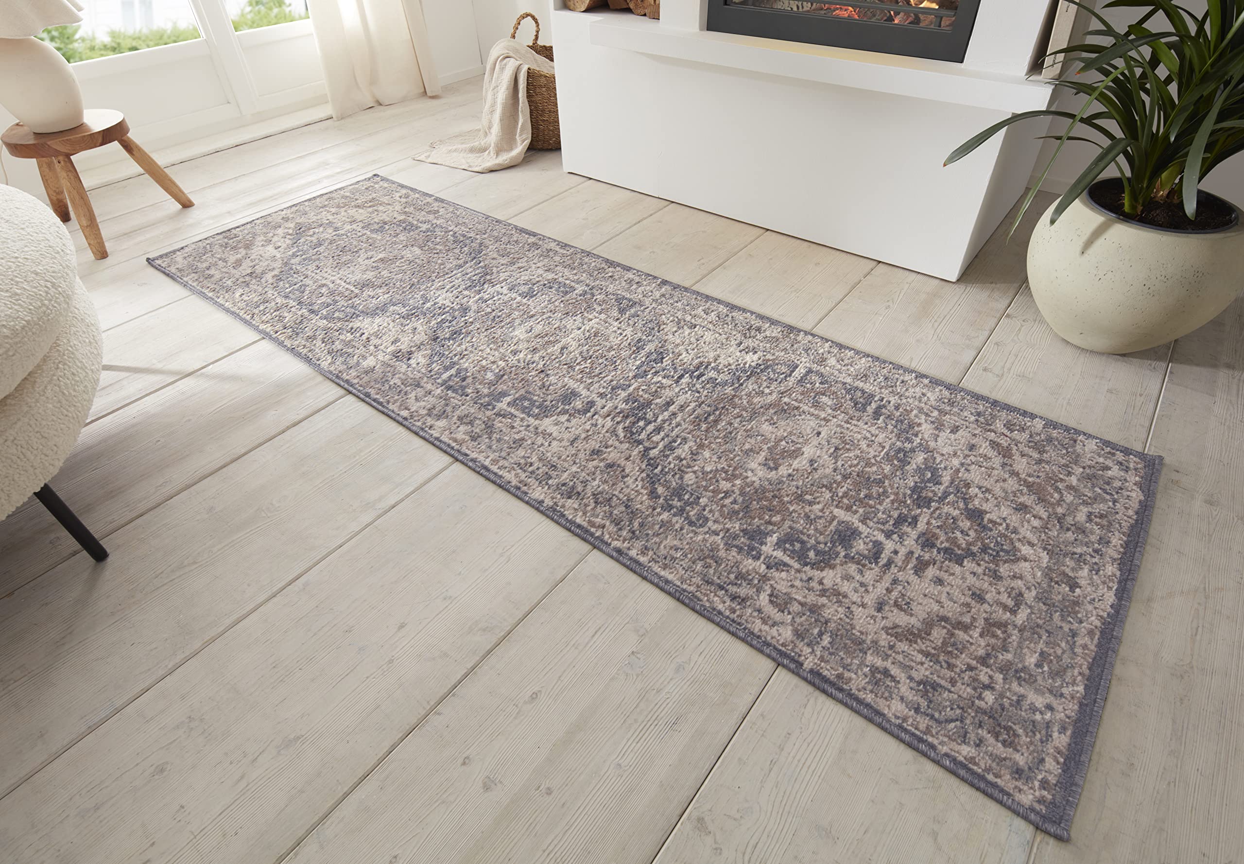 The Rugs Cream/Blue Terrain Designer Shortpile Rug - 80X200 Cm