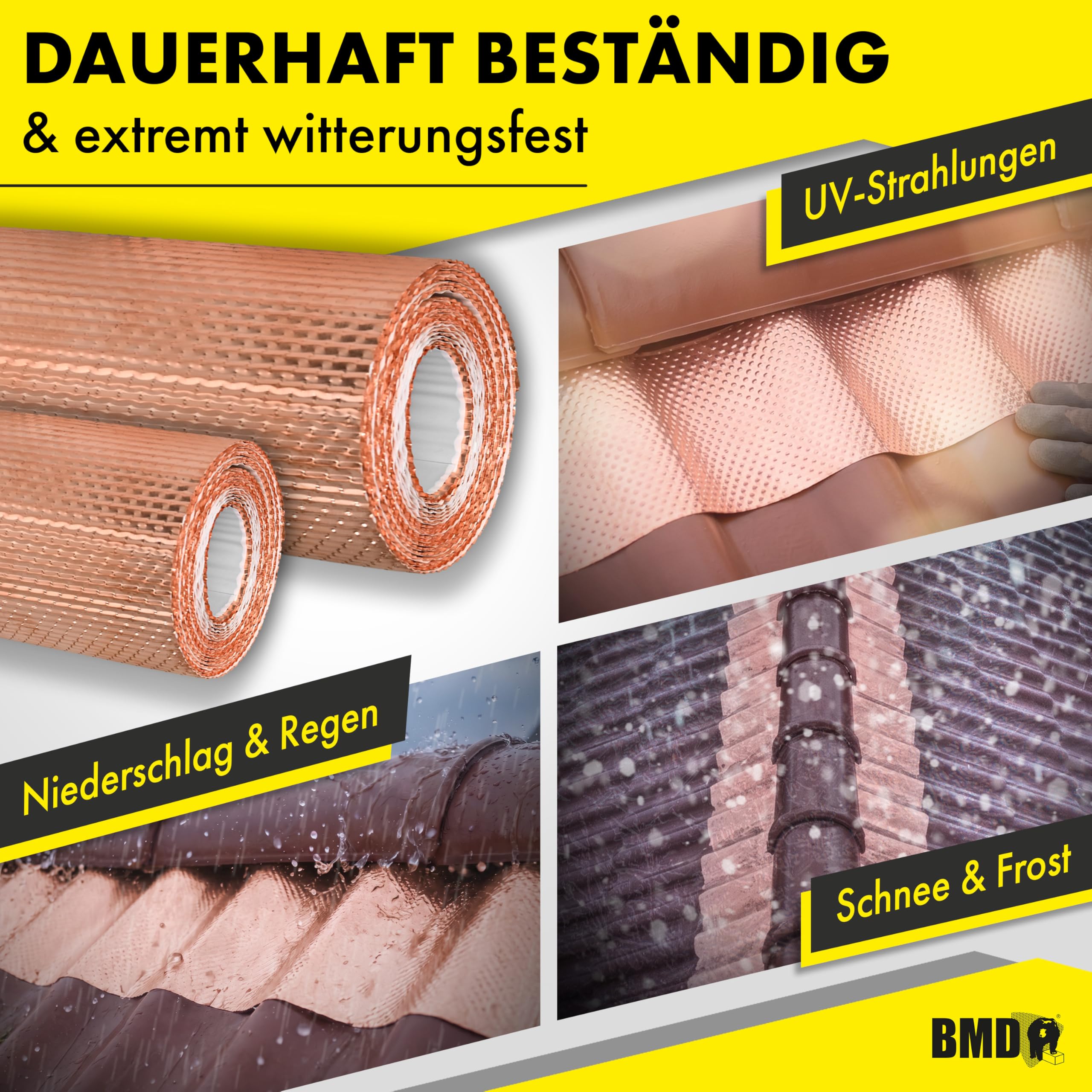 BMD 3D Moos Stopp Kupferband | 300mm x 5m | 2 Größen | UV-stabil | Butylkleber selbstklebend | Entmoosung von Dachziegeln | Profiqualität zur Reinigung des Daches | Anti-Moos