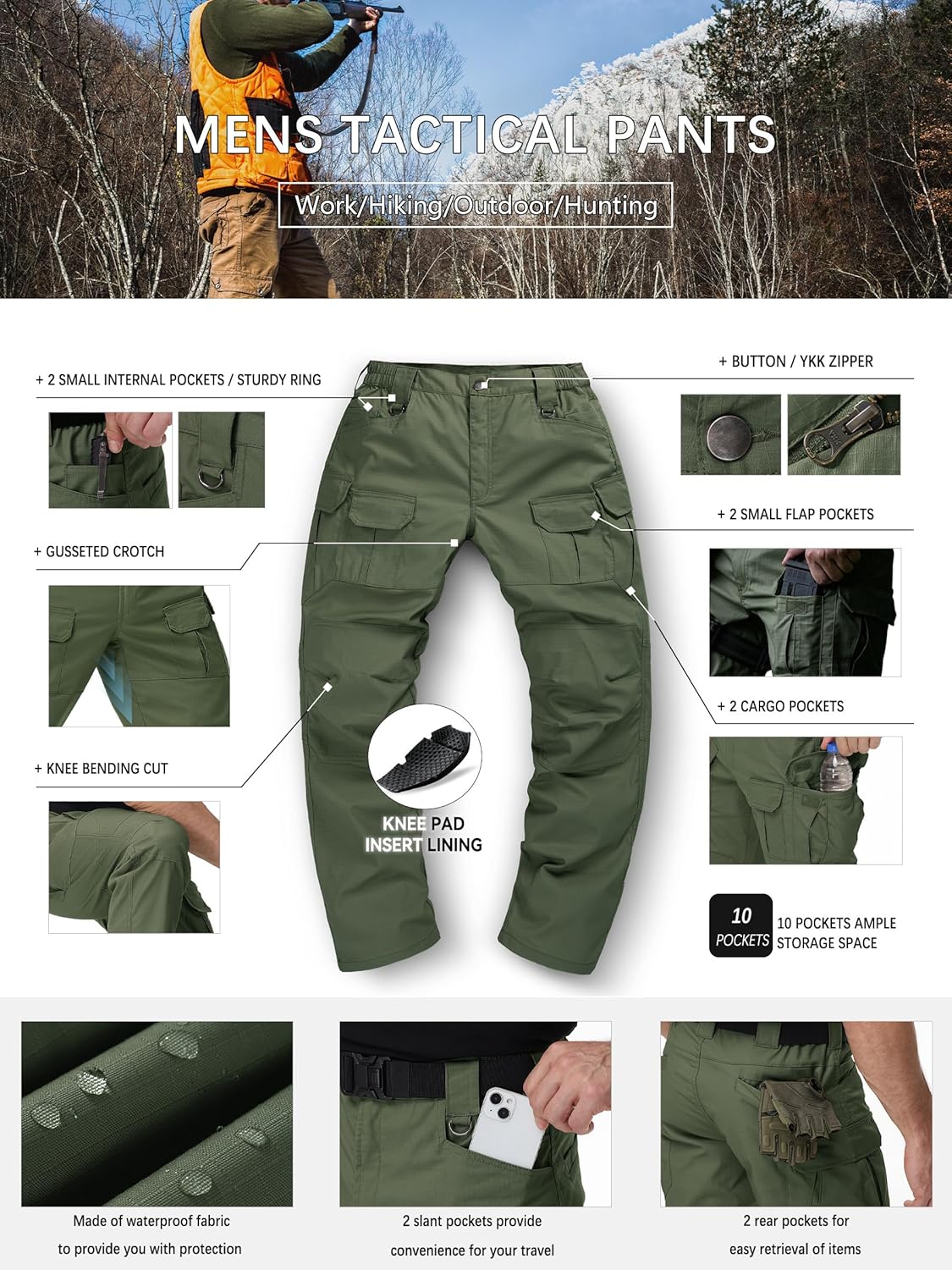 Men's Tactical Pants Water Resistant Stretch Cargo Ripstop Pants Lightweight Breathable Outdoor Work Hiking Pants - Image 6