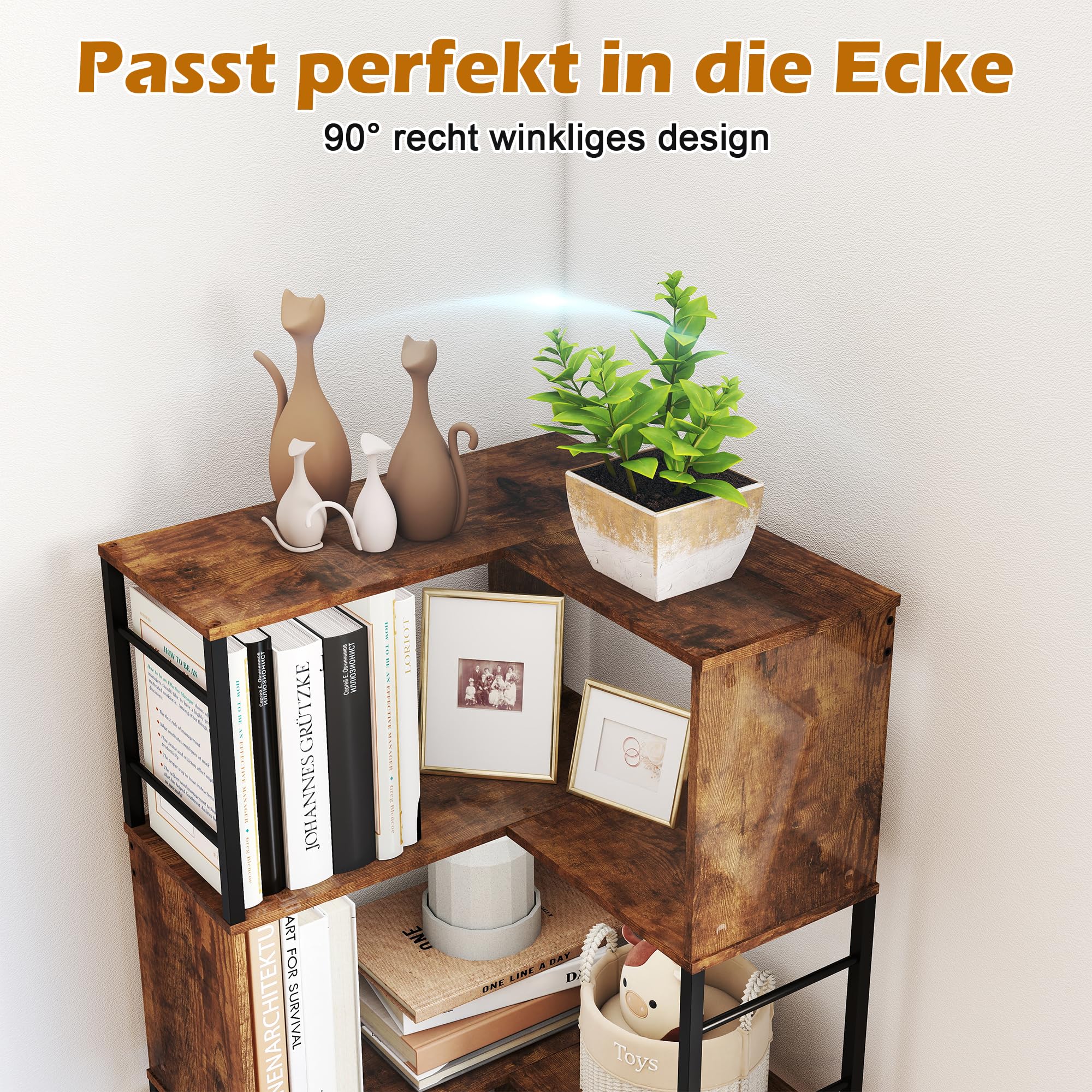 7 Ebenen-Ecke Bücherregal, Hohes Lagerregal 187CM, L-Form Industrial Regal Holz Bücherregal, Großes Eckregal Bodenstehendes Eckregal, Standregal Vintagebraun