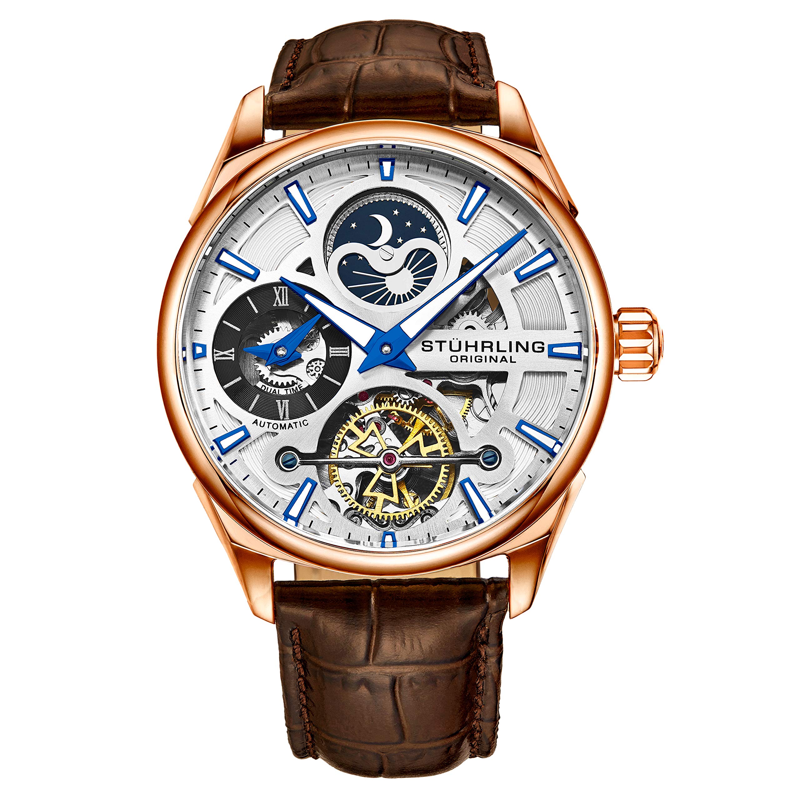 Stuhrling Original Skeleton Dress Analoguhr für Herren, automatische mechanische Armbanduhr, vergoldet/Edelstahl, Armband aus echtem Kalbsleder