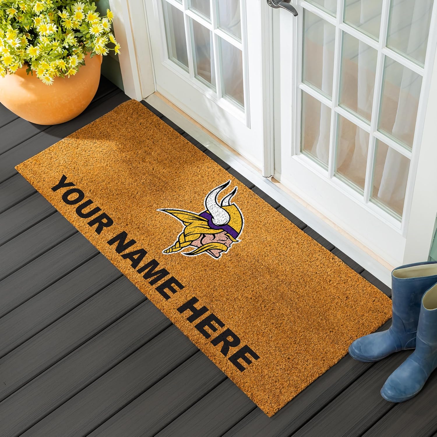 Team Sports America NFL Minnesota Vikings Personalized Coir Door Mat, 18 x 30 Inches Custom Name Doormat with Non Slip Back, Front Door Welcome Mats