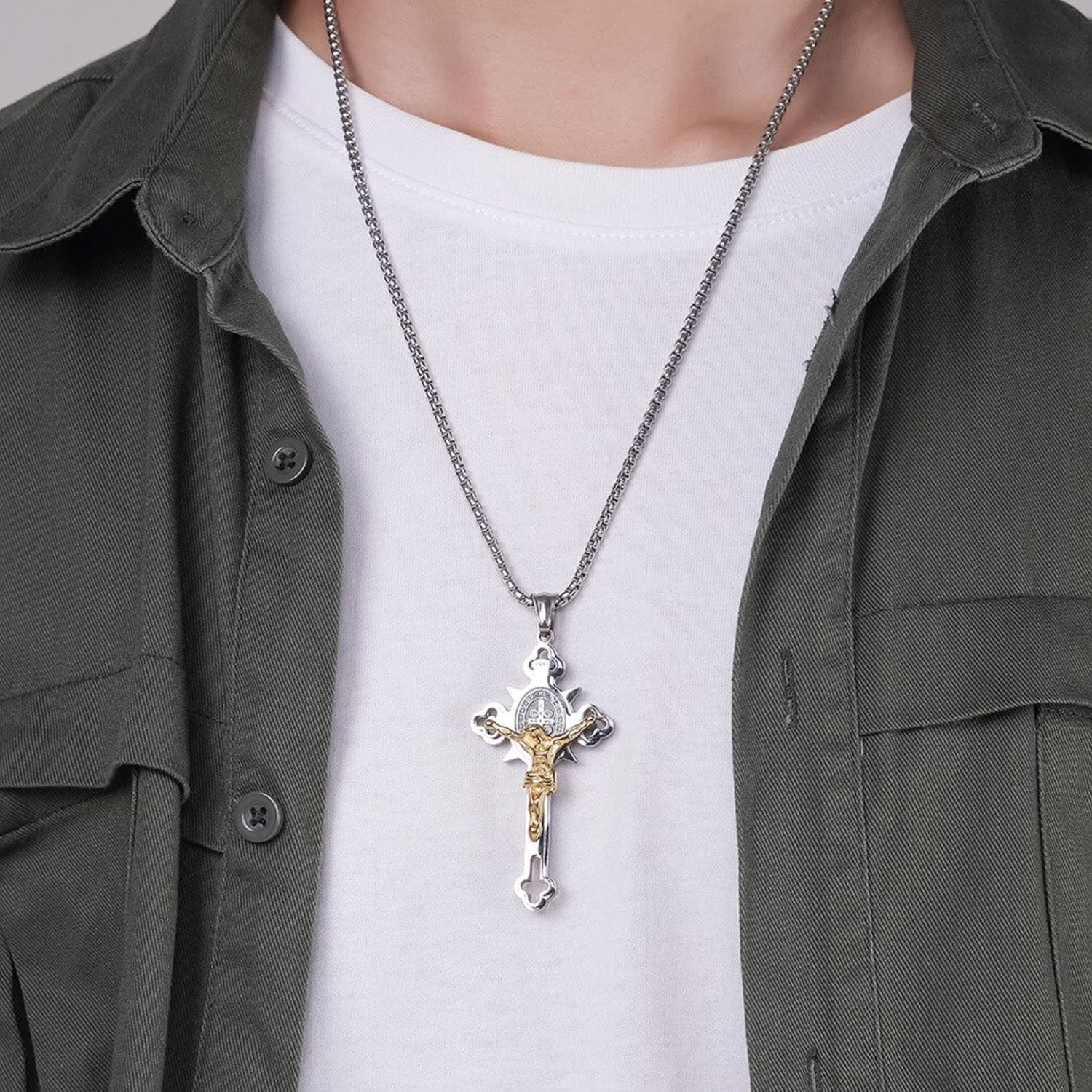 Tapp Collections Stainless Steel St Benedict Crucifix Cross Pendants Necklace INRI - Image 2