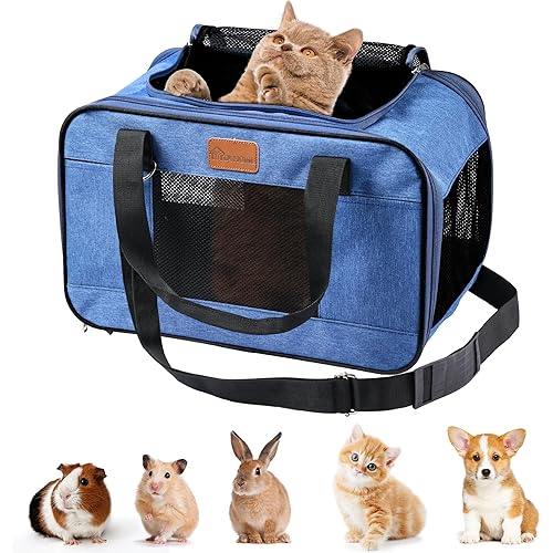 YITAHOME Cat Carrier Airline Approved, Soft-Sided Pet Carrier for Cats and Dogs Up to 16lbs, 5 Sides Breathable Collapsible Cat Travel Carrier with Bottom Protection and Washable Liner,17x11x11 Blue