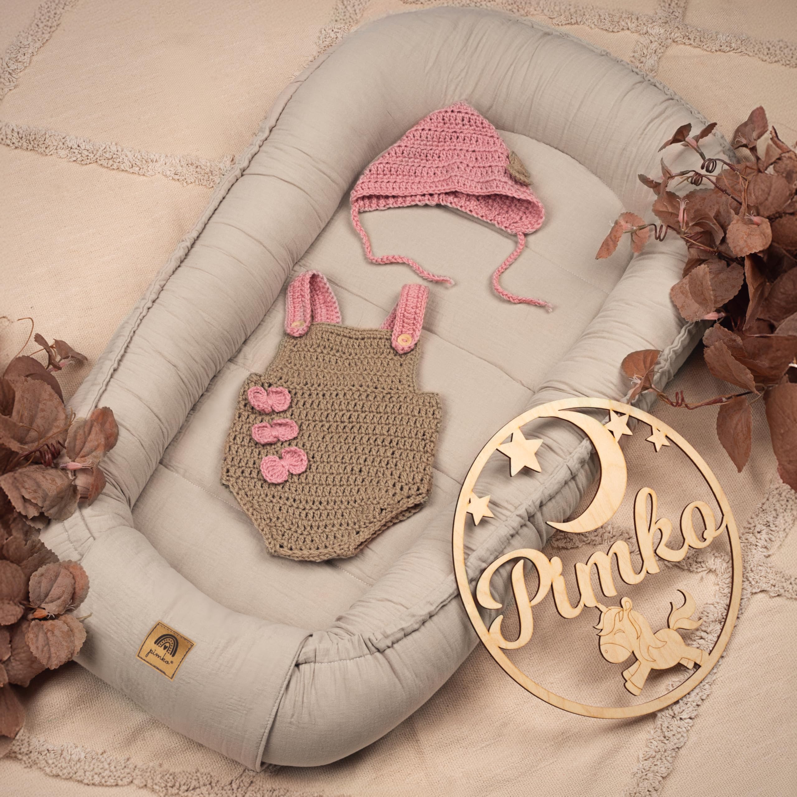 PIMKO Babynestje voor baby's, knuffelnest, babycocon voor zuigelingen en pasgeborenen, 60 x 90 cm, 100% katoen, mousseline (beige stippen
