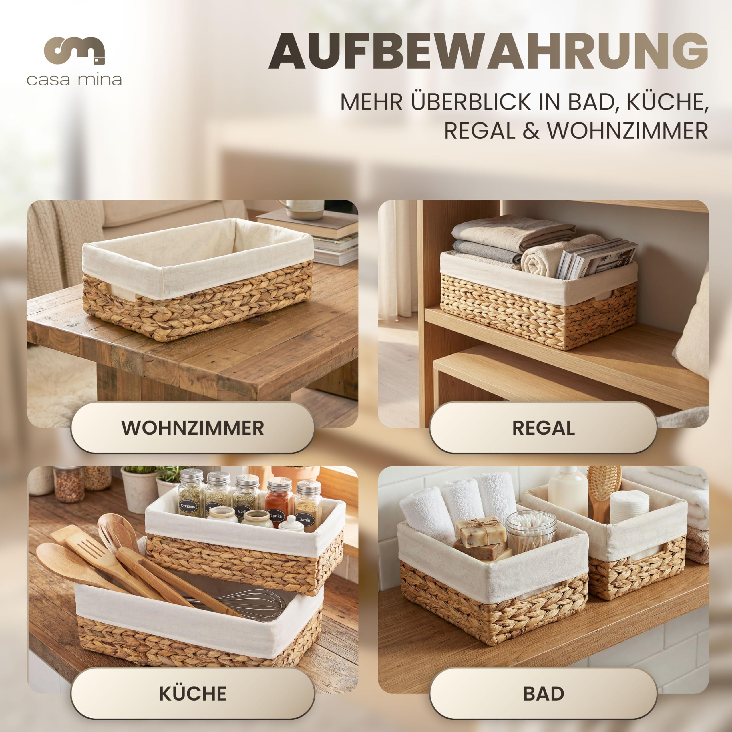 Casa Mina Korb Aufbewahrung L44xW30xH16cm 100% natürlich aus Wasserhyazinthe I Dekorative Körbe Aufbewahrung für jeden Raum I Aufbewahrungskorb mit robustem Metallgestell