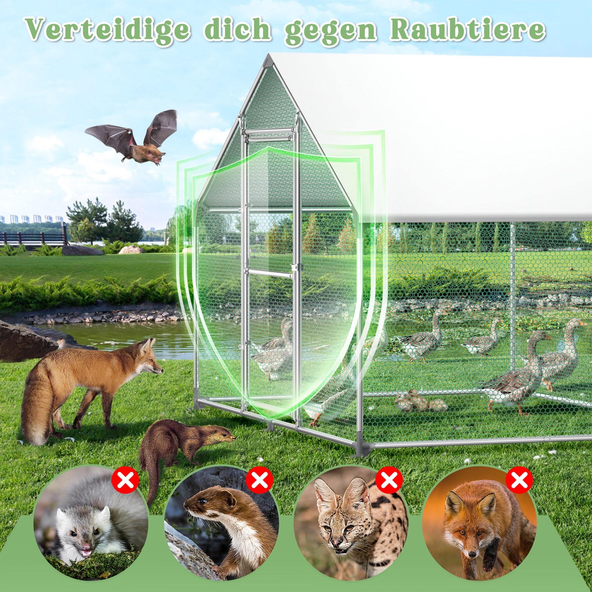 Hühnerstall Freilaufgehege 3x6x2 m mit PE-Dach, Outdoor Tiergehege für Hühner Kaninchen Kleintiere Hunde, wetterfestes Kleintiergehege