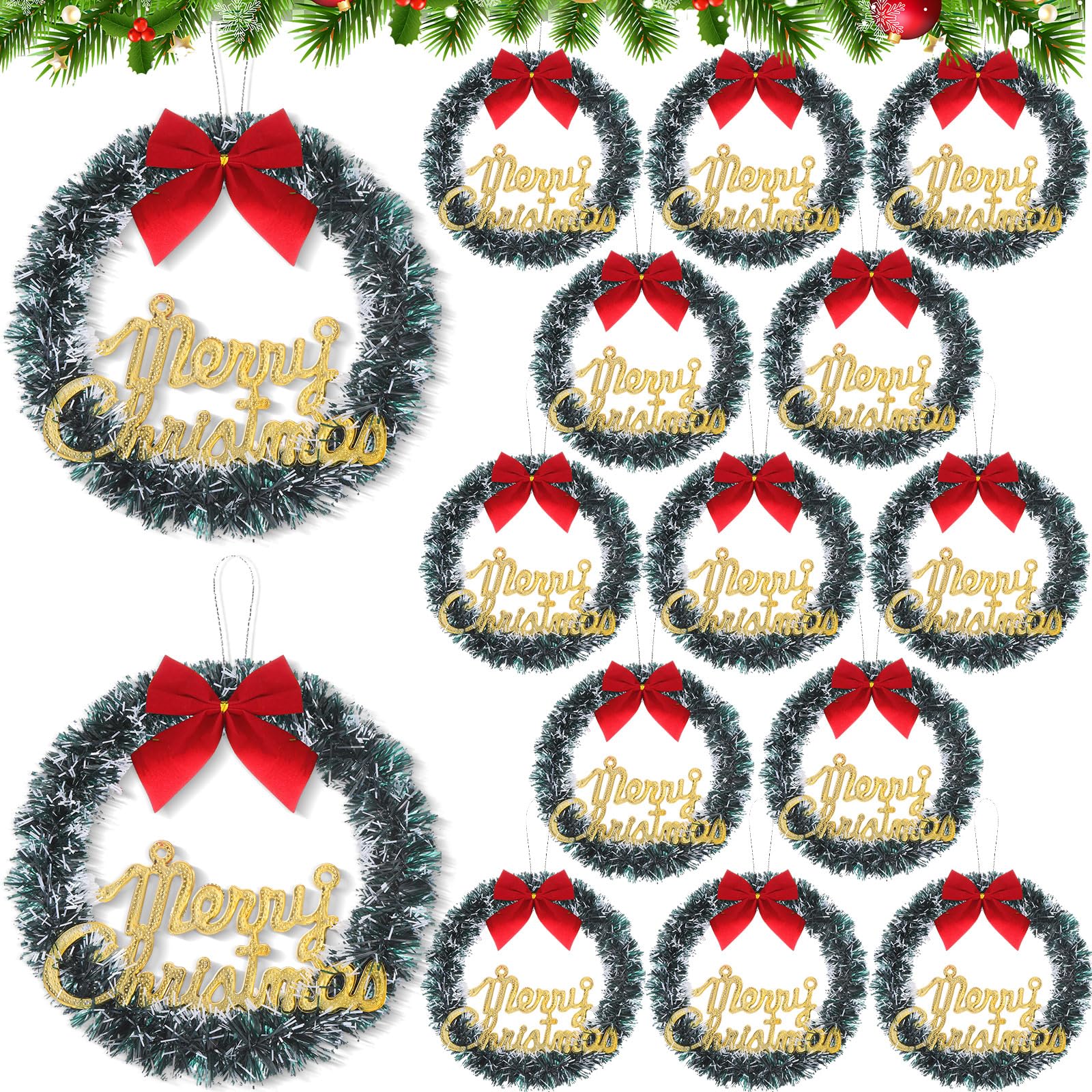 Jenaai 24 coronas de Navidad para puerta delantera, corona de Navidad artificial de 10 pulgadas con lazo rojo para colgar, manualidades de invierno para interiores y exteriores, hogar, ventana, pared,