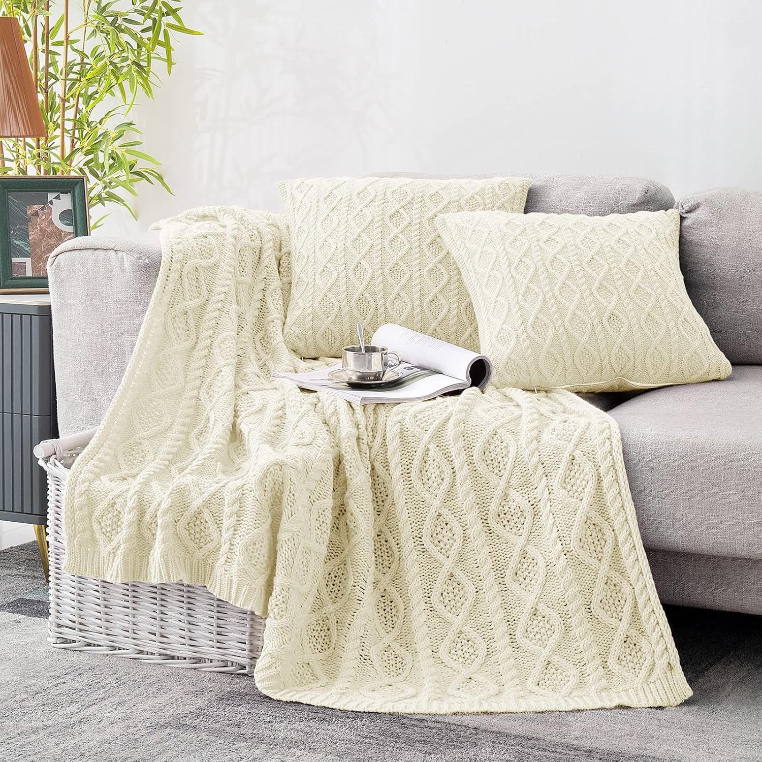 Homiest Cable Knit Throw Blanket and Pillow Set, Cream White Throw Blanket Set of 3