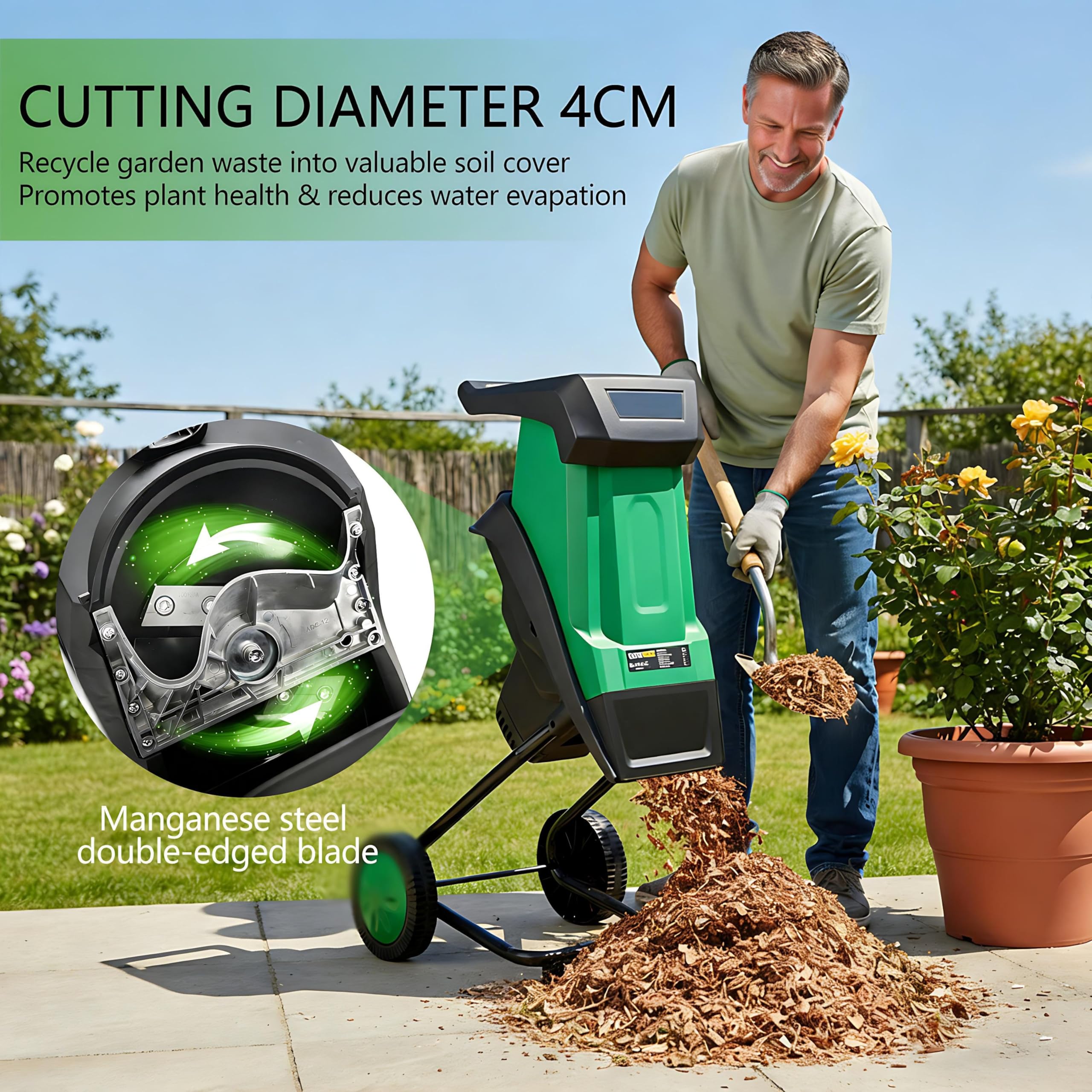 Trituradora de jardín, máquina trituradora de Ramas de árboles de 2400 W, protección contra sobrecarga/Bloqueo, Capacidad de Corte de 40 mm, 4500 RPM, para compostaje y residuos de jardín