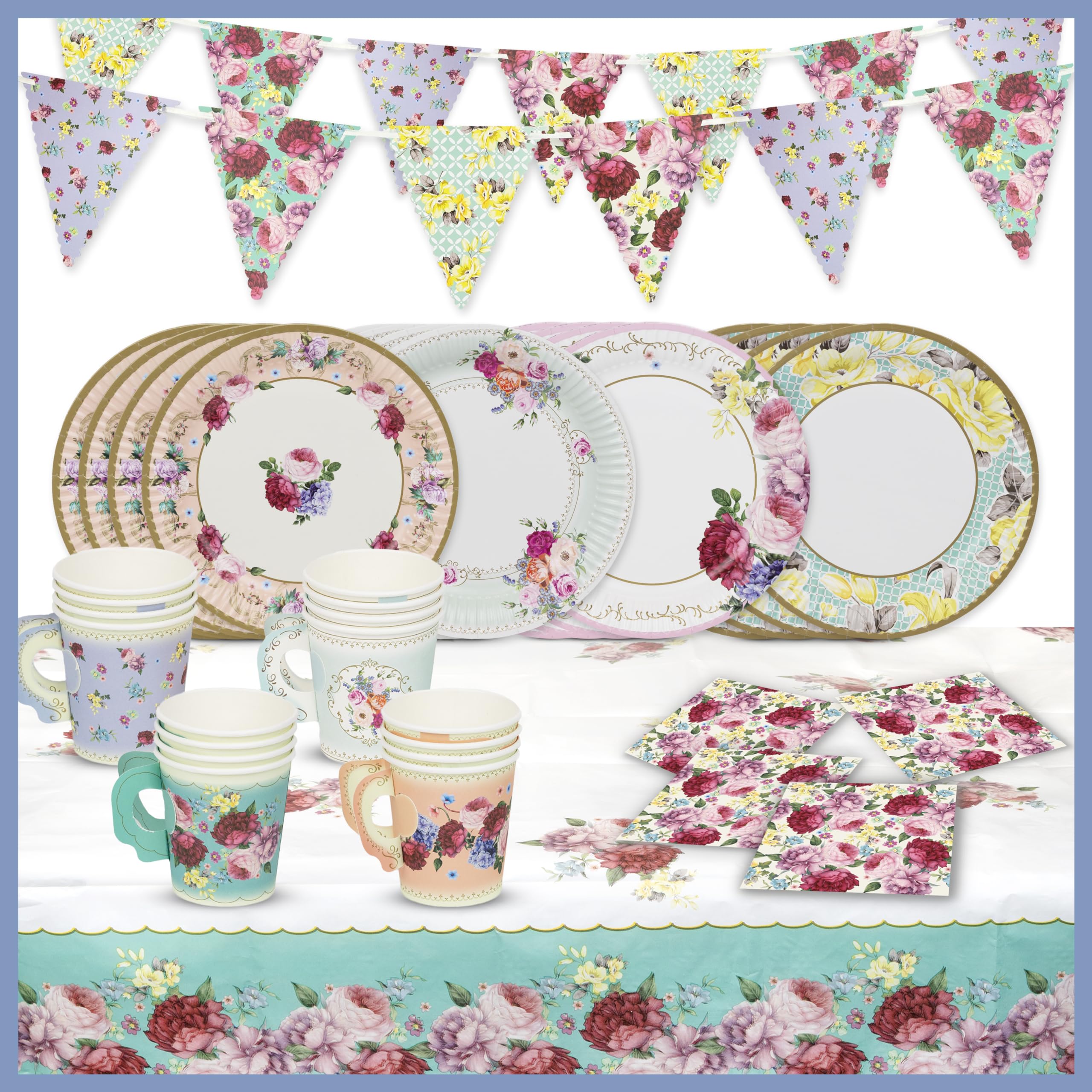 Talking Tables Floral Tableware Set & Vintage Afternoon Tea Party Decorations for 16 Guests | Paper Plates and Napkins, Teacups, Bunting & Tablecloth | for Birthday, Mother's Day, Baby Shower