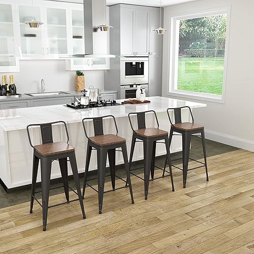 Miniatura 9 de Tongli Juego de 4 taburetes de bar de metal, taburetes de bar de altura de mostrador con respaldo, taburete de bar industrial para interiores,