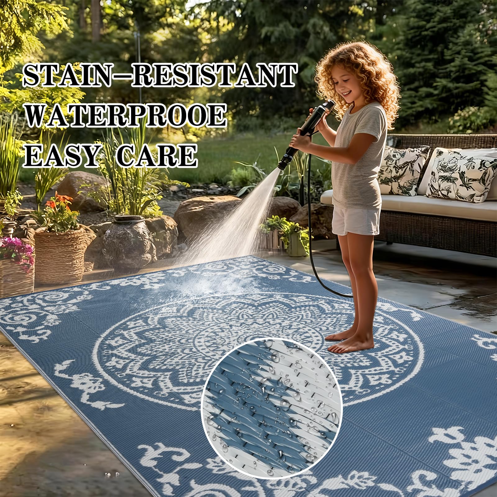 Homcomodar Tapis Exterieur Resistant Pluie Réversible 180x270cm Tapis Exterieur Terrasse Tapisextérieur pour Balcon, Terrasse, Jardin, Camping, Pique-Nique（Bleu& Blanc ）