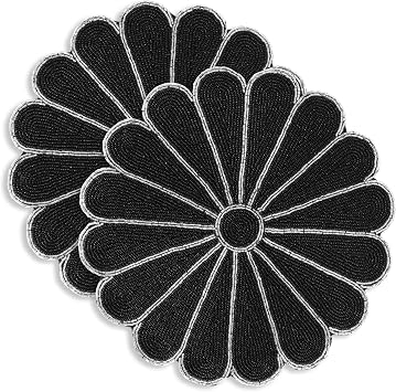 Beaded Placemats - Circle Placemats Set of 2 for Dining Table Decor - 13 Inch Fancy Round Beaded Placemat for Thanksgiving, Boho Party, Christmas Table Centerpieces - Black/Silver