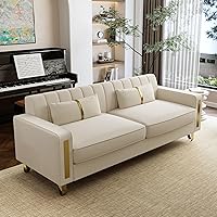 Vista 4 de Juego de 2 sofás para sala de estar, sofá de 2 plazas de 86" de terciopelo beige con 4 almohadas y patas de metal dorado, sofá tapizado moderno