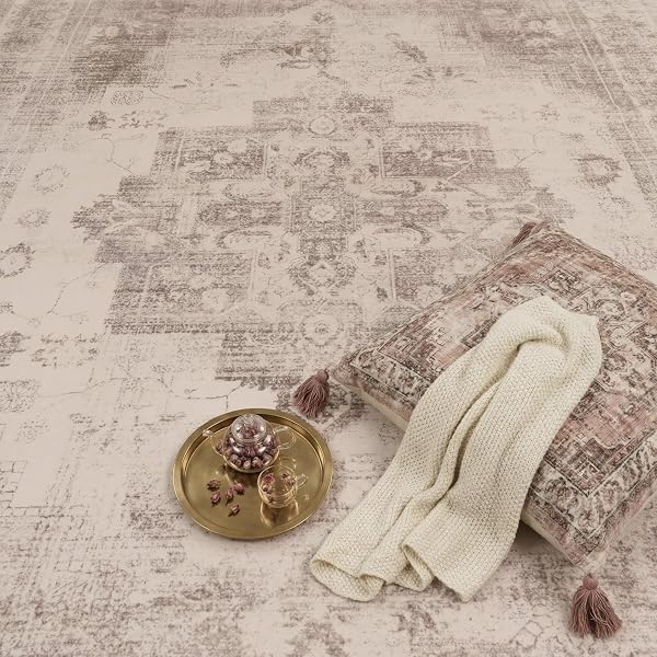 Paco Home Vintage Wohnzimmerteppich Kurzflor Boho Stil Waschbar & rutschfest pflegeleicht modernes Retro Design, Farbe:Beige 2, Größe:240x340 cm - 2