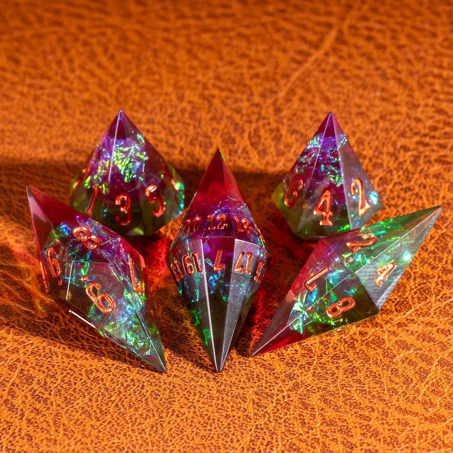 7PCS Diamond DND Dice Set,Transparent Sharp Edge Die Set D&D RPG Polyhedral Dice,for TTRPG Games Roleplaying Games.(Red and Green)