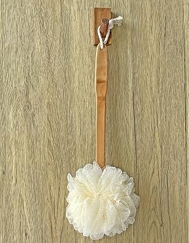 Shower Loofah Body & Back Scrubber - Exfoliating Loofah luffa Bath Brush On a Stick - with Long Wooden Handle Back Brush for Men & Women - Easy Reach Body Wash & Lotion Applicator( 2 Pack- White)