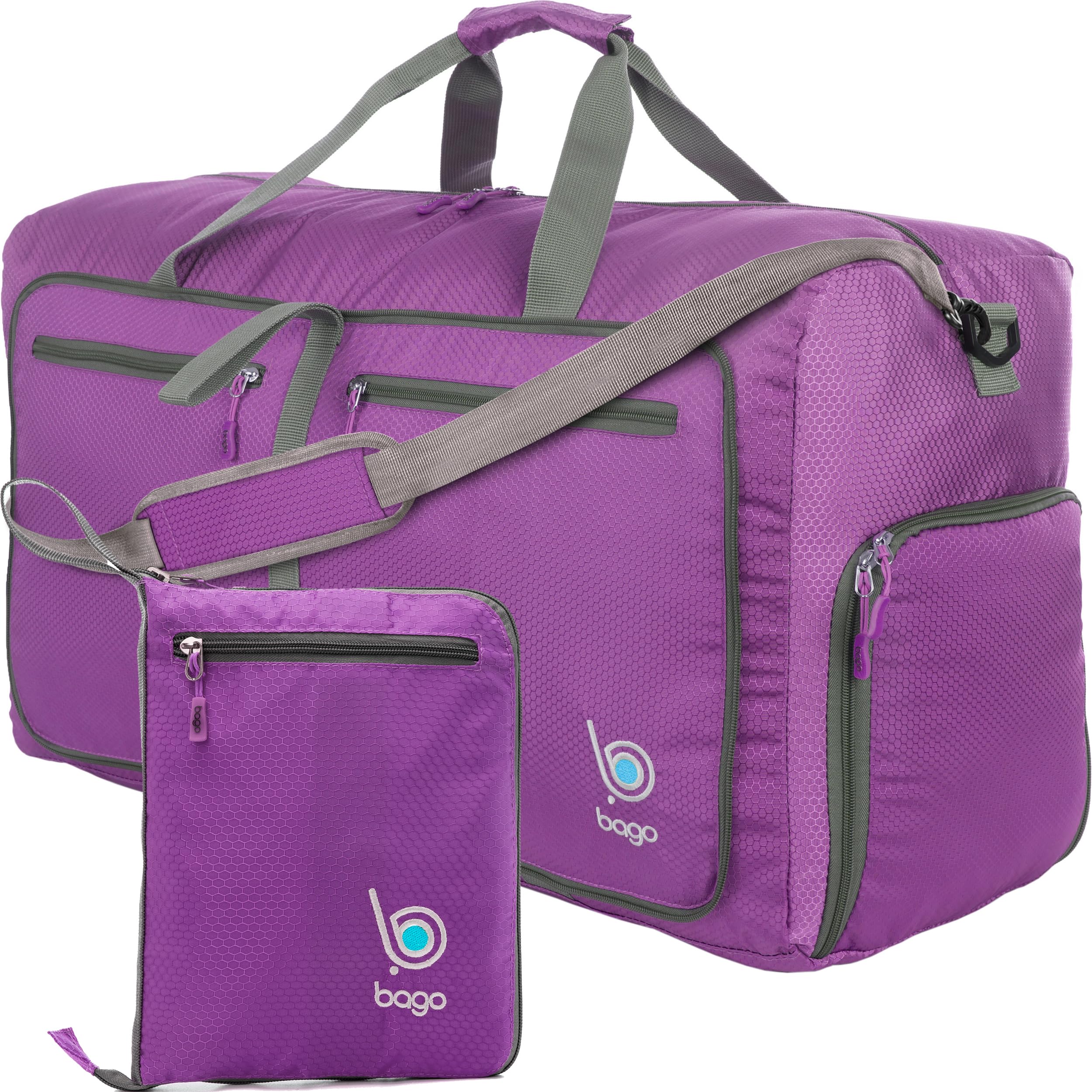 BagoFoldable Duffel Bags for Traveling Women & Men - 60L Medium Packable Duffle Bag for Travel with Shoe Compartment - Water Repellant, Heavy Duty, Lightweight Folding & Collapsible (Purple)OEKO-TEX STANDARD 100