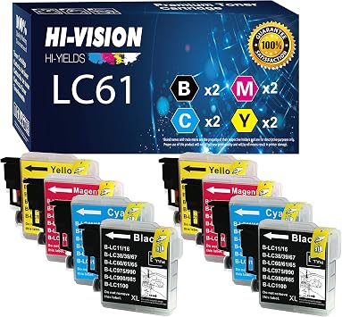 Compatible LC-61 LC61 Ink Cartridge Replacement 2 Black, 2 Cyan, 2 Yellow, 2 Magenta, 8-Pack