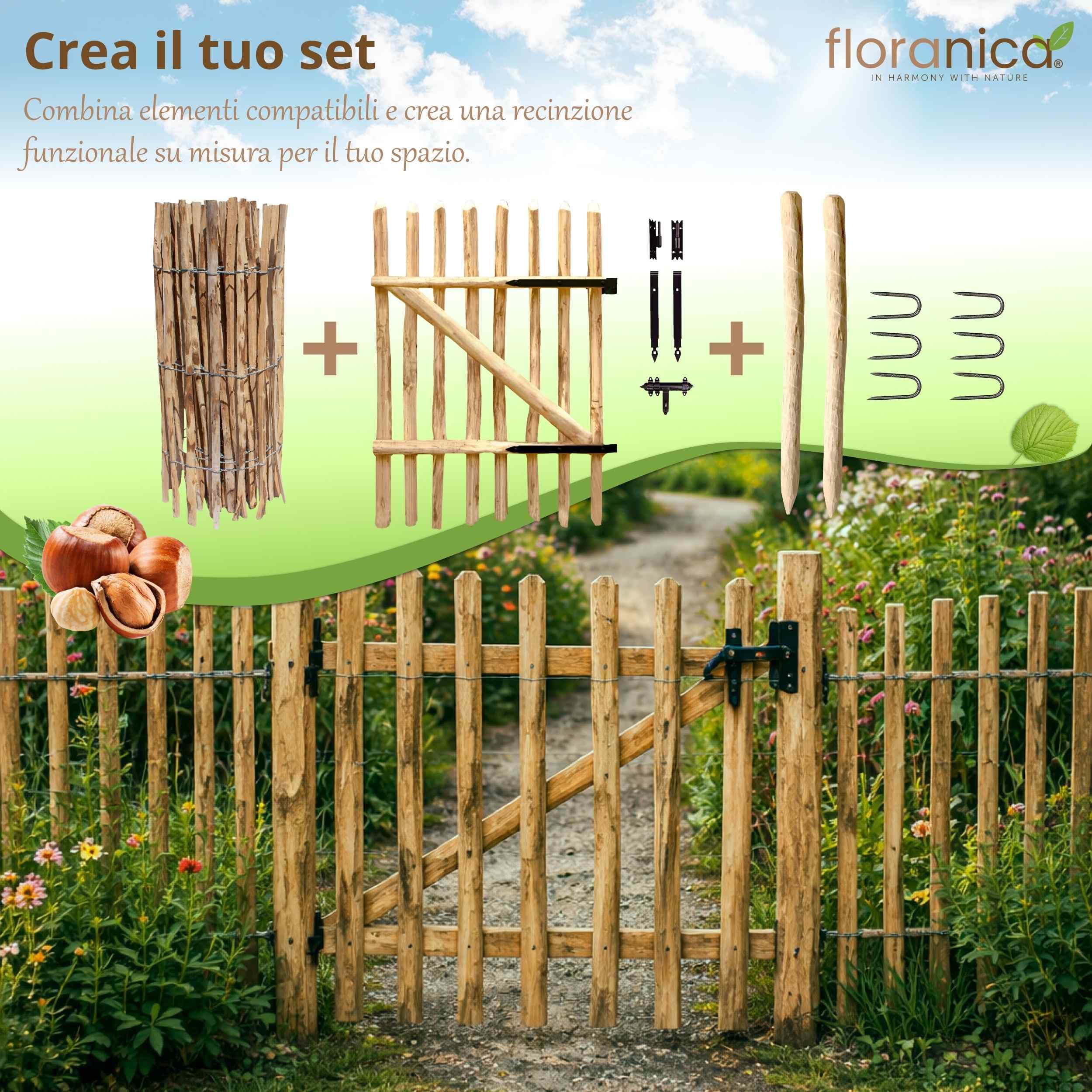 Floranica Cancello da giardino in legno di nocciolo per recinzione a paletti Altezza 115 cm x 100 cm 1 anta – pronto al montaggio incl. cerniere